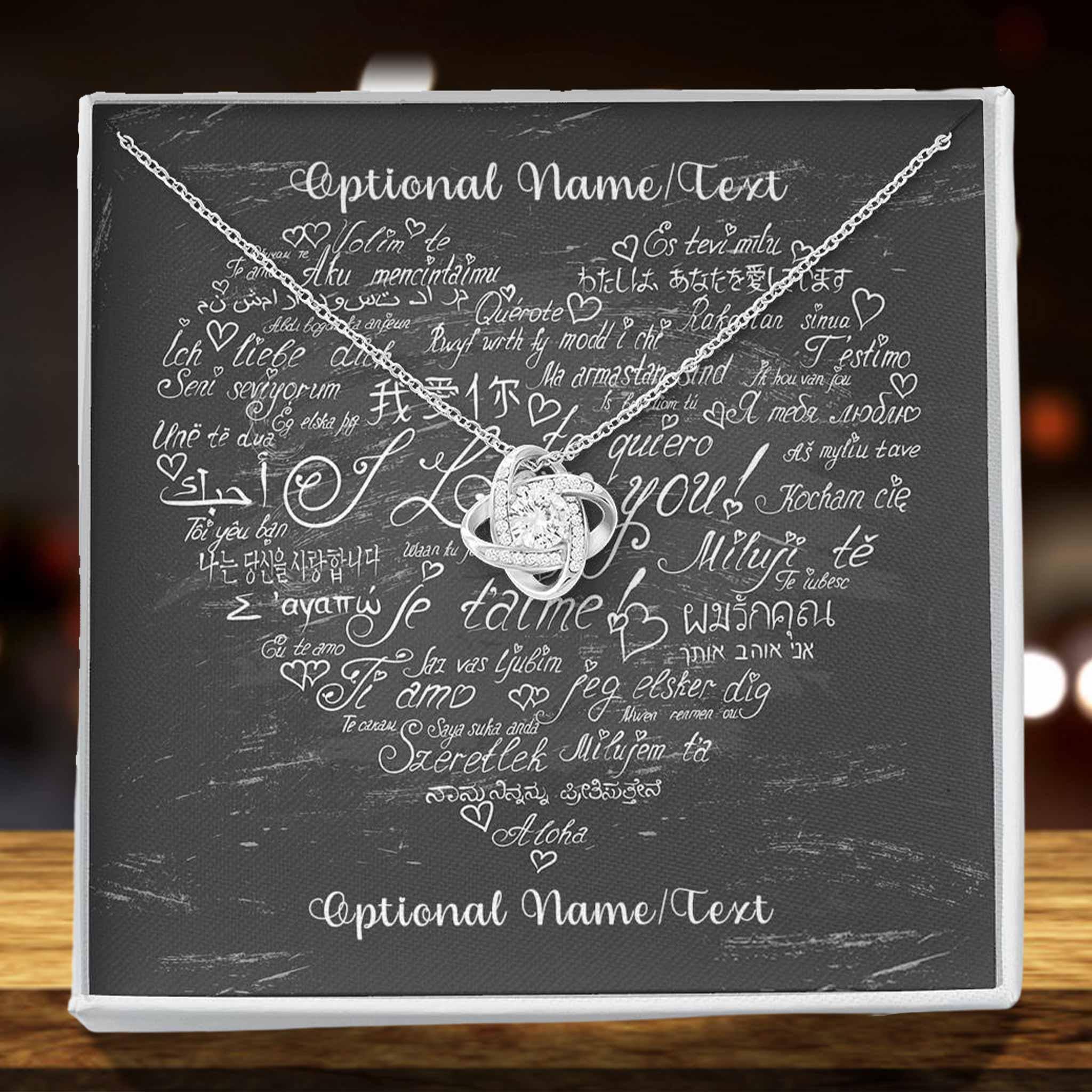 Love Knot Necklace With I Love You In Multiple Languages Personalized Insert CardCustomly Gifts
