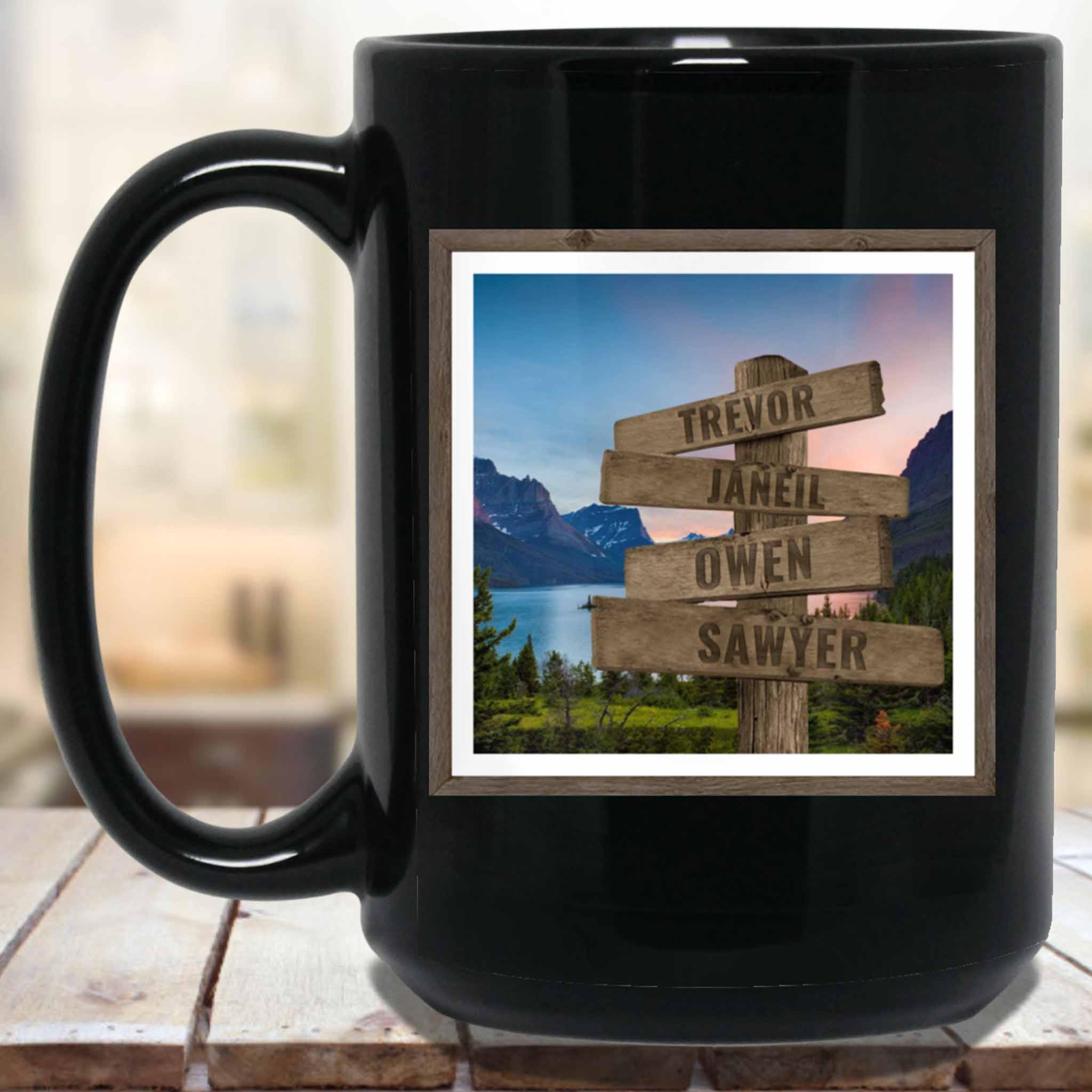 Mountain and Lake v1 Personalized Multi-Names Directional Sign MugCustomly Gifts