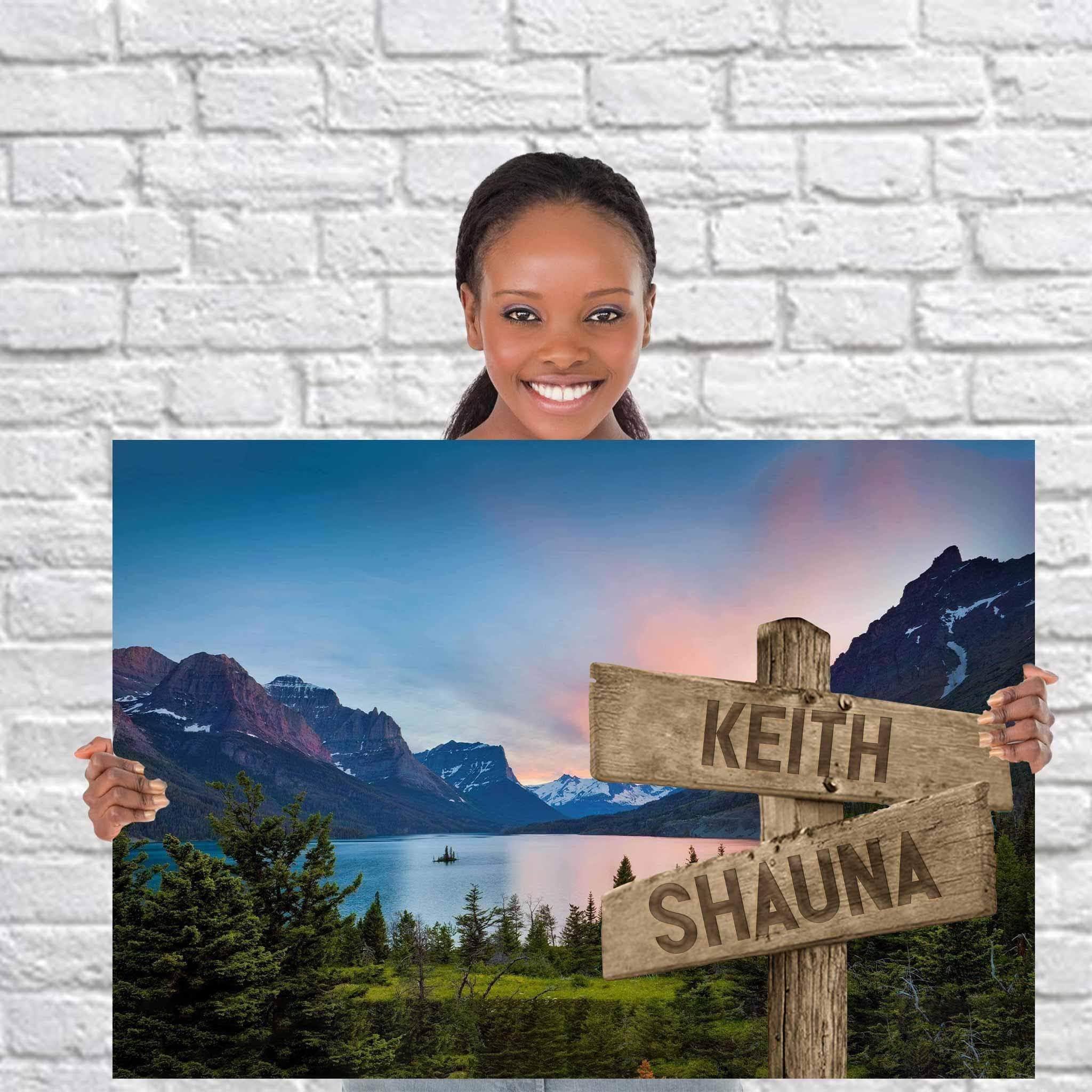 Mountain & Lake v1 Color Multiple Names Personalized Directional Sign CanvasCustomly Gifts