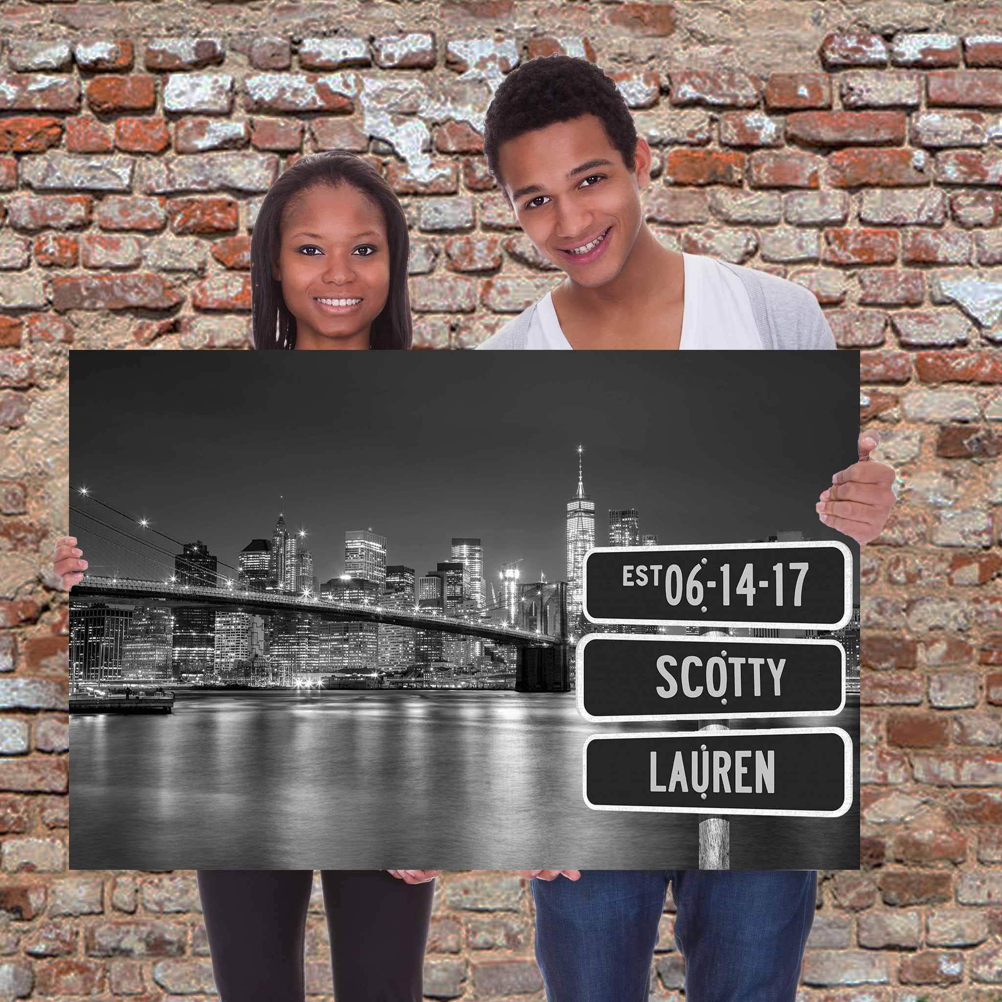 New York Manhattan Brooklyn Bridge Night Skyline B&W Multiple Names Personalized Street Sign CanvasCustomly Gifts