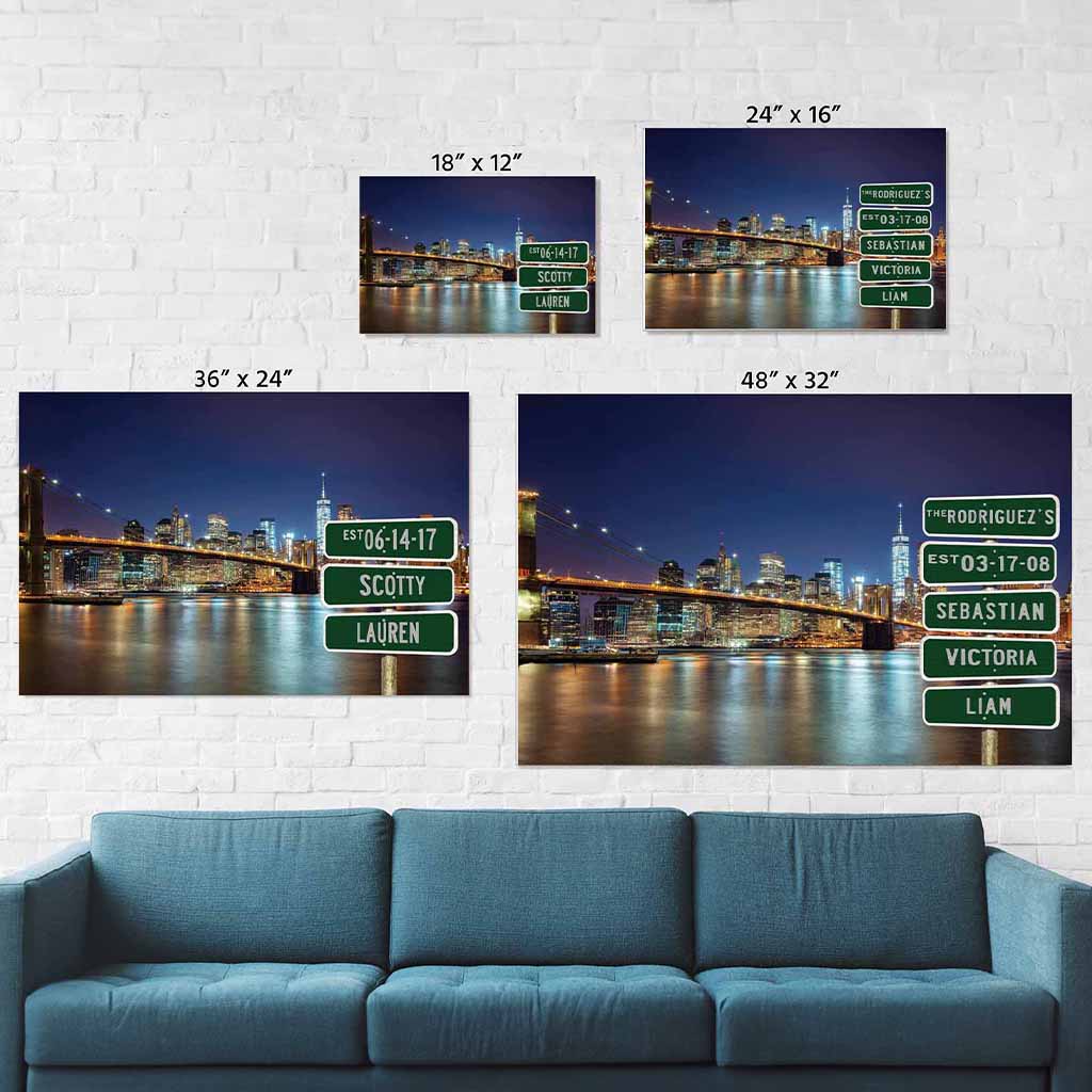 New York Manhattan Brooklyn Bridge Night Skyline Multiple Names Personalized Street Sign CanvasCustomly Gifts