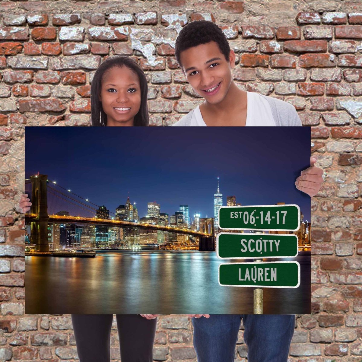 New York Manhattan Brooklyn Bridge Night Skyline Multiple Names Personalized Street Sign CanvasCustomly Gifts