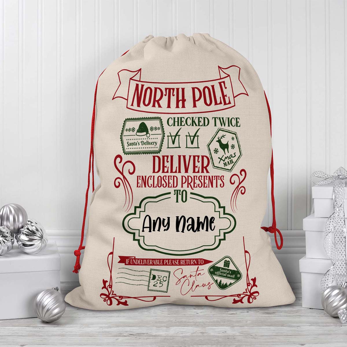 North Pole Deliver Enclosed Presents Personalized Christmas Gift Delivery SackCustomly Gifts