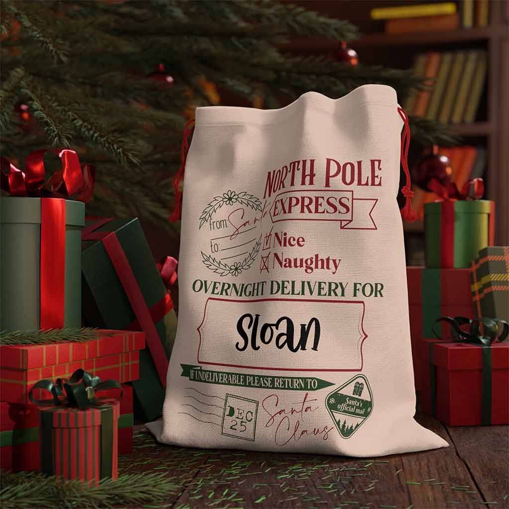 North Pole Express Overnight Delivery v1 Personalized Christmas Gift Delivery SackCustomly Gifts