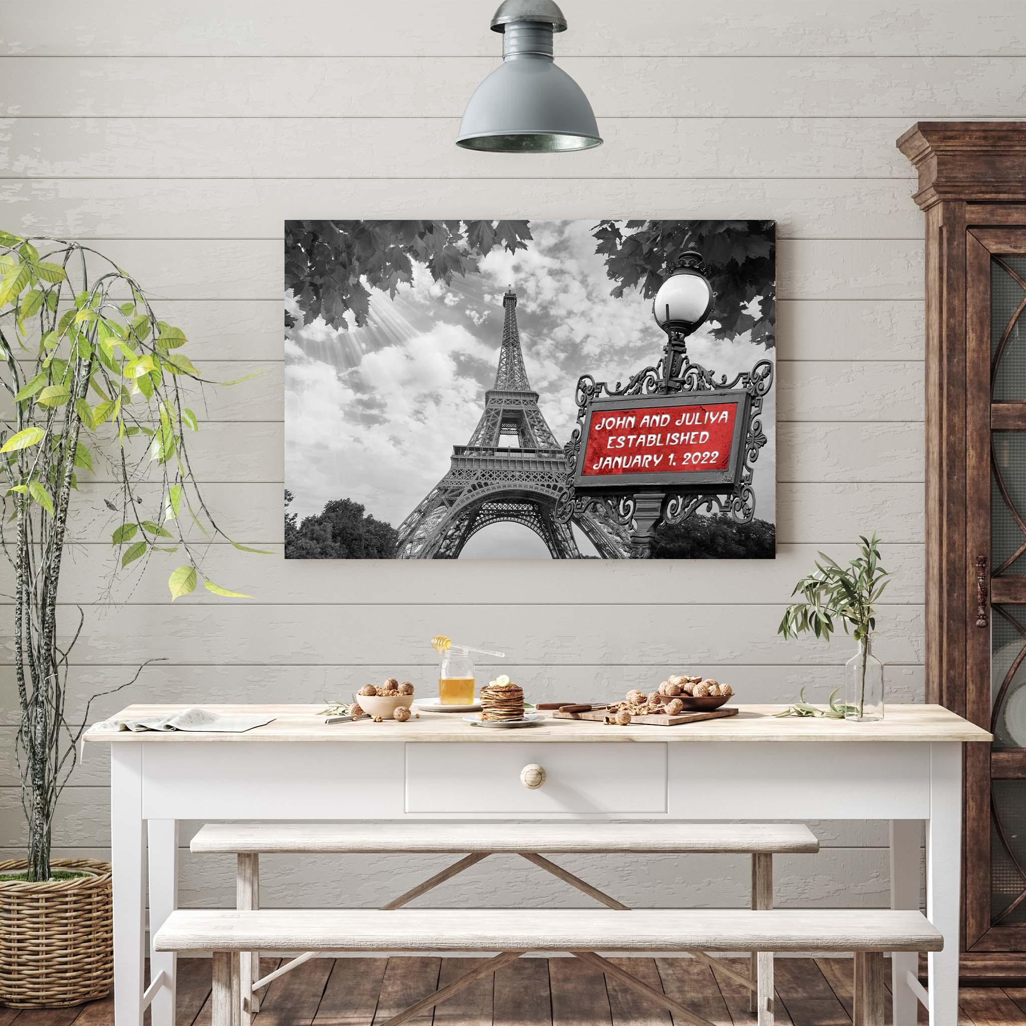 Paris Eiffel Tower B&W With Red Personalized Metro Sign CanvasCustomly Gifts