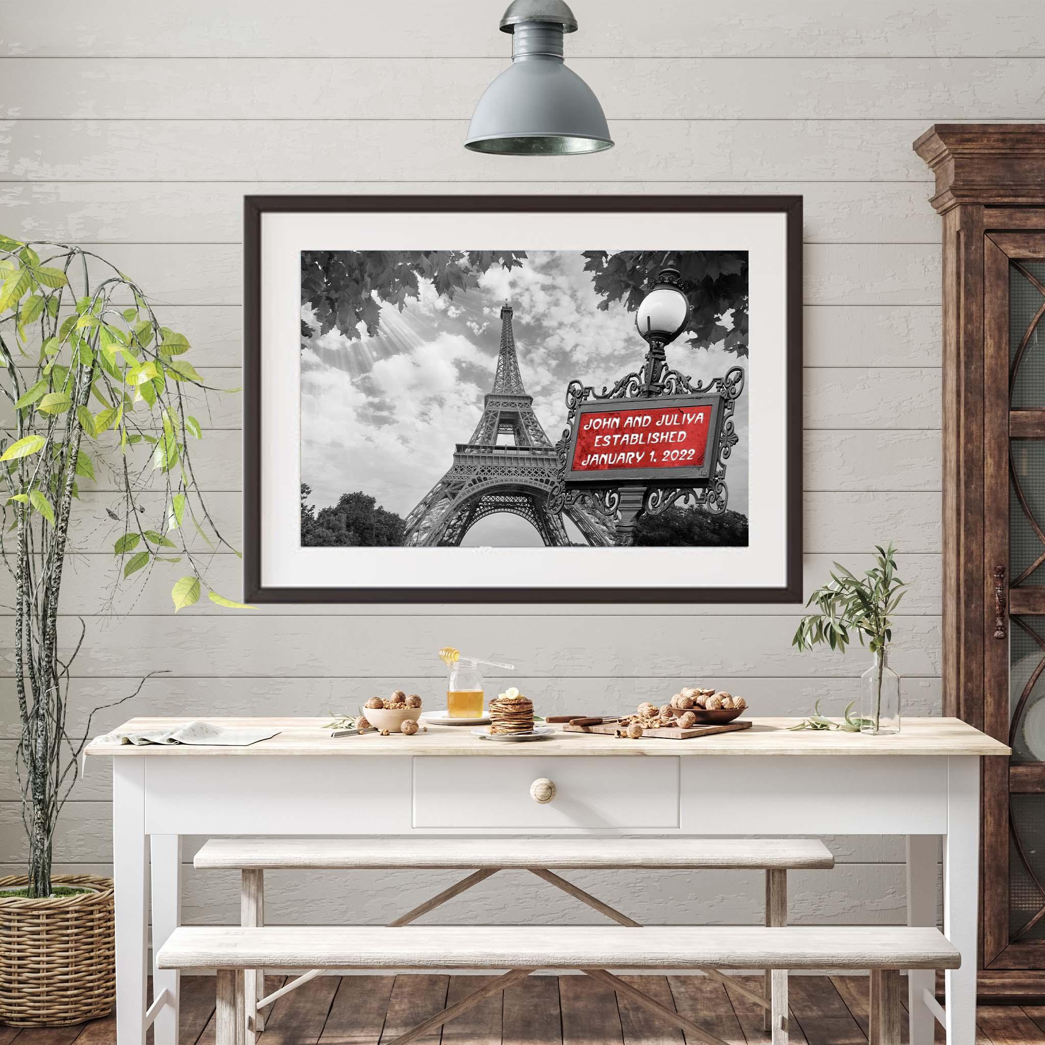 Paris Eiffel Tower B&W With Red Personalized Metro Sign PosterCustomly Gifts