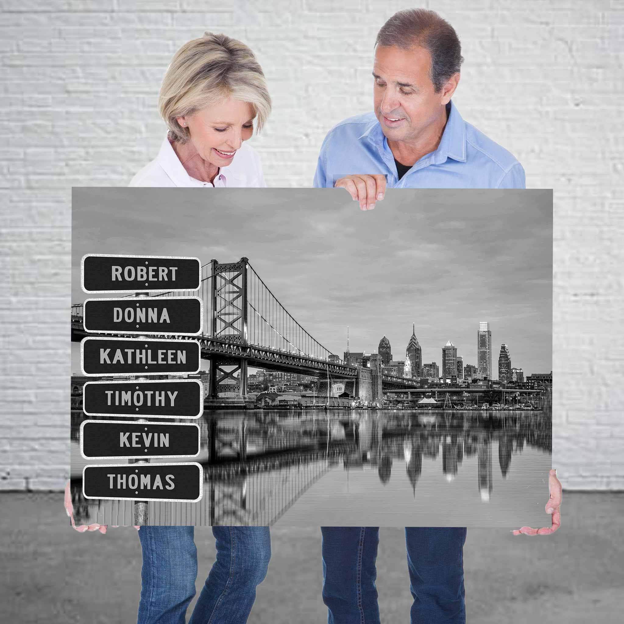 Philadelphia Benjamin Franklin Bridge B&W Multiple Names Personalized Street Sign CanvasCustomly Gifts