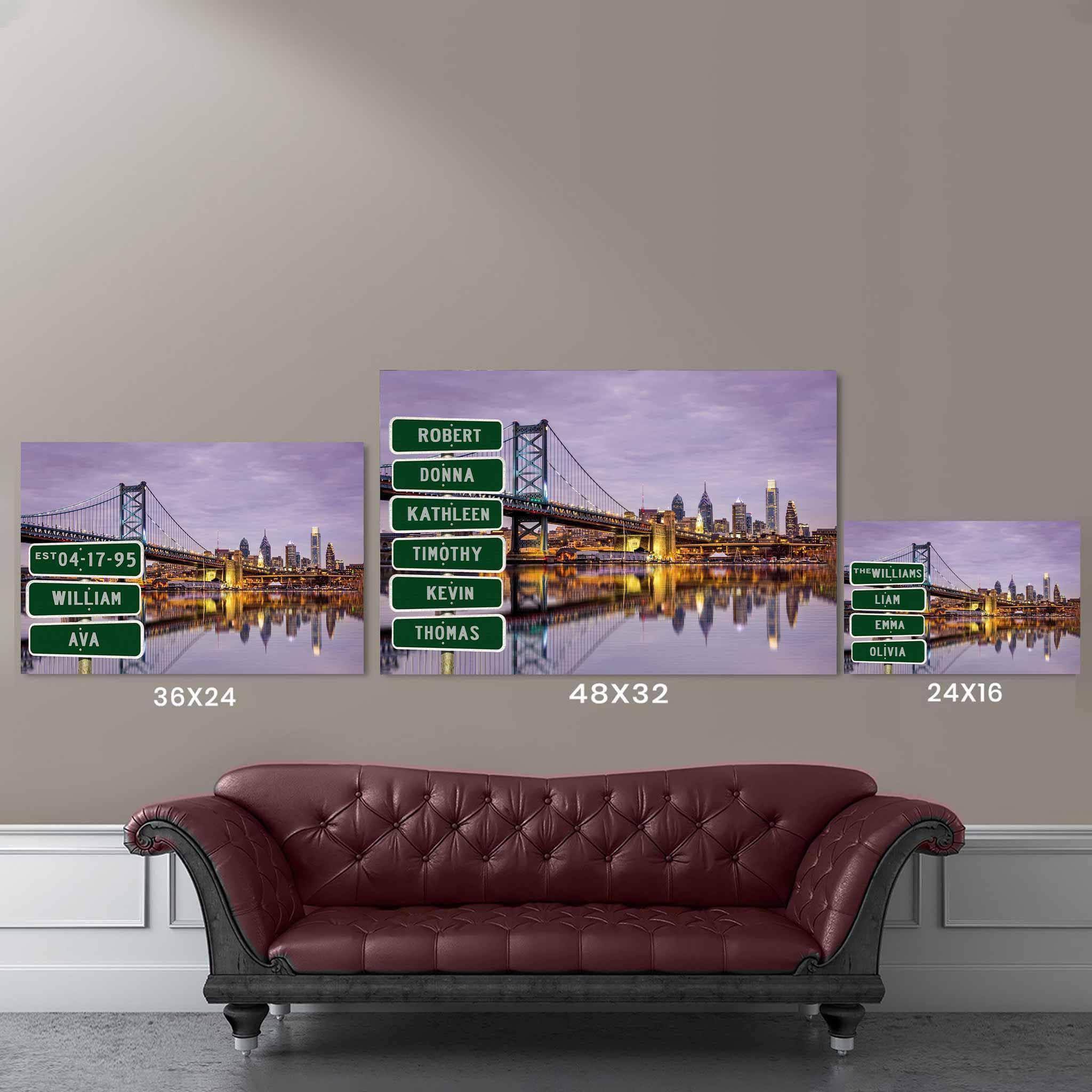 Philadelphia Benjamin Franklin Bridge Purple Sunset Multiple Names Personalized Street Sign CanvasCustomly Gifts