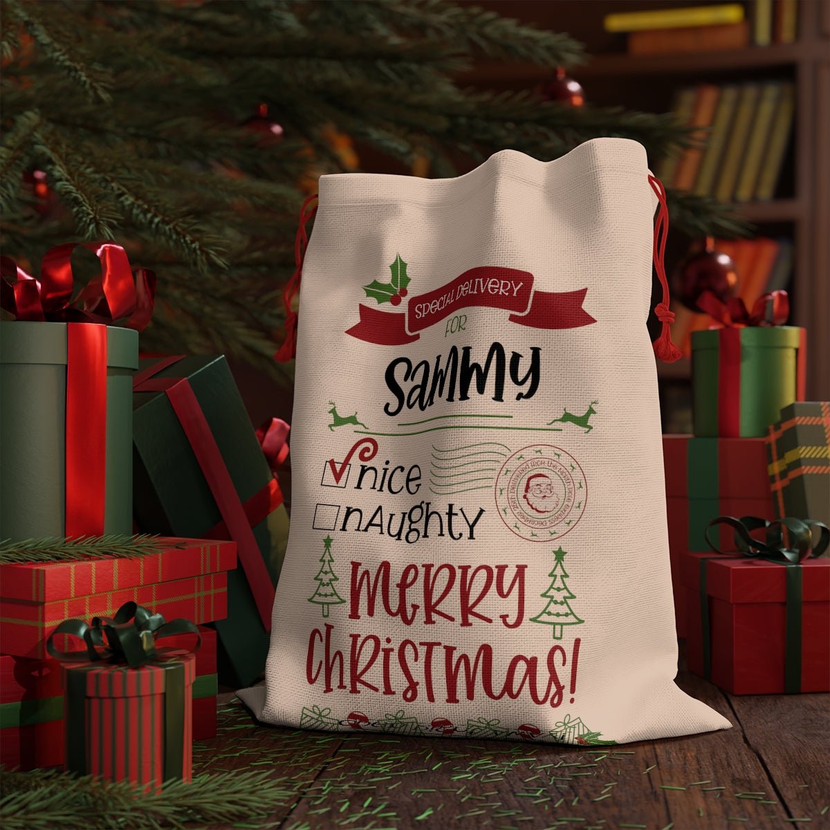 Playful Santa Personalized Christmas Gift Delivery SackCustomly Gifts