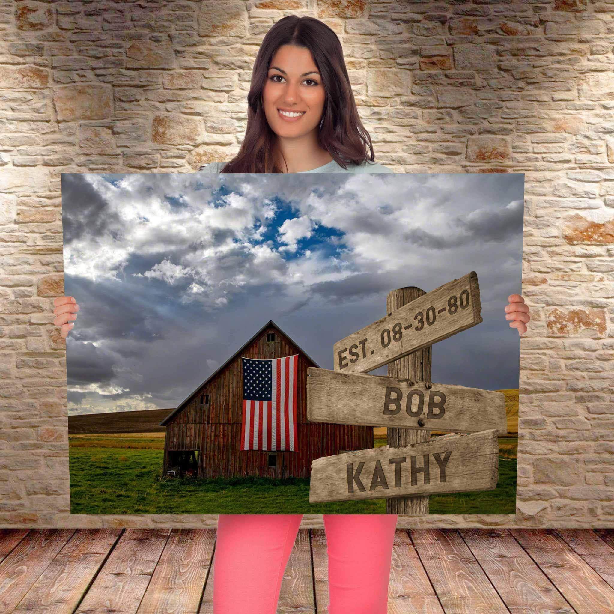 Red Barn American Flag Multiple Names Personalized Directional Sign CanvasCustomly Gifts