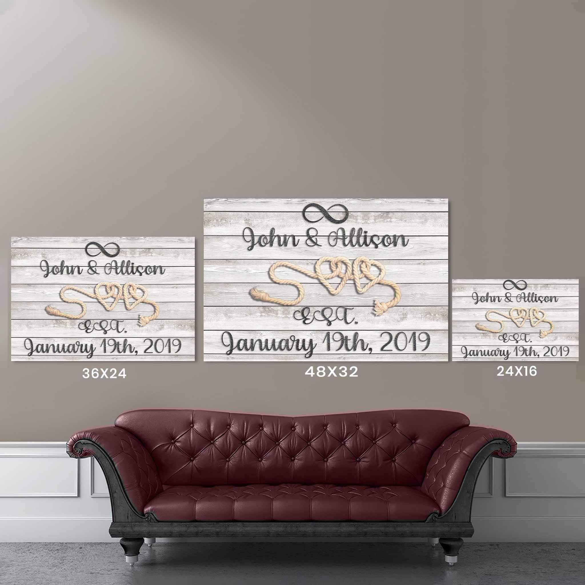 Relationship 2 Rope Hearts Black Cast Iron Cut Metal Effect Rustic White Wood Personalized CanvasCustomly Gifts