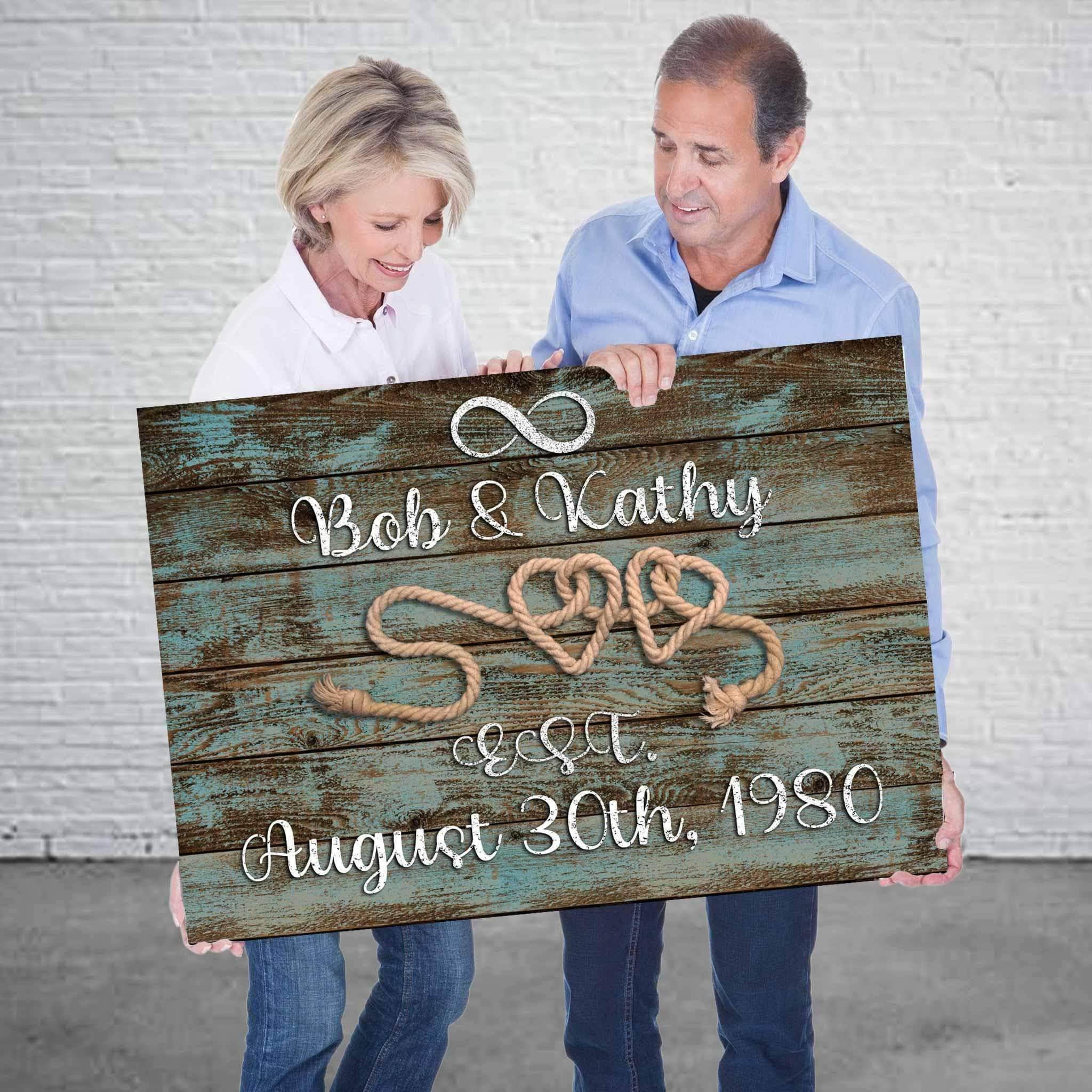 Relationship 2 Rope Hearts Distressed White Cut Metal Effect Distressed Blue Wood Personalized CanvasCustomly Gifts