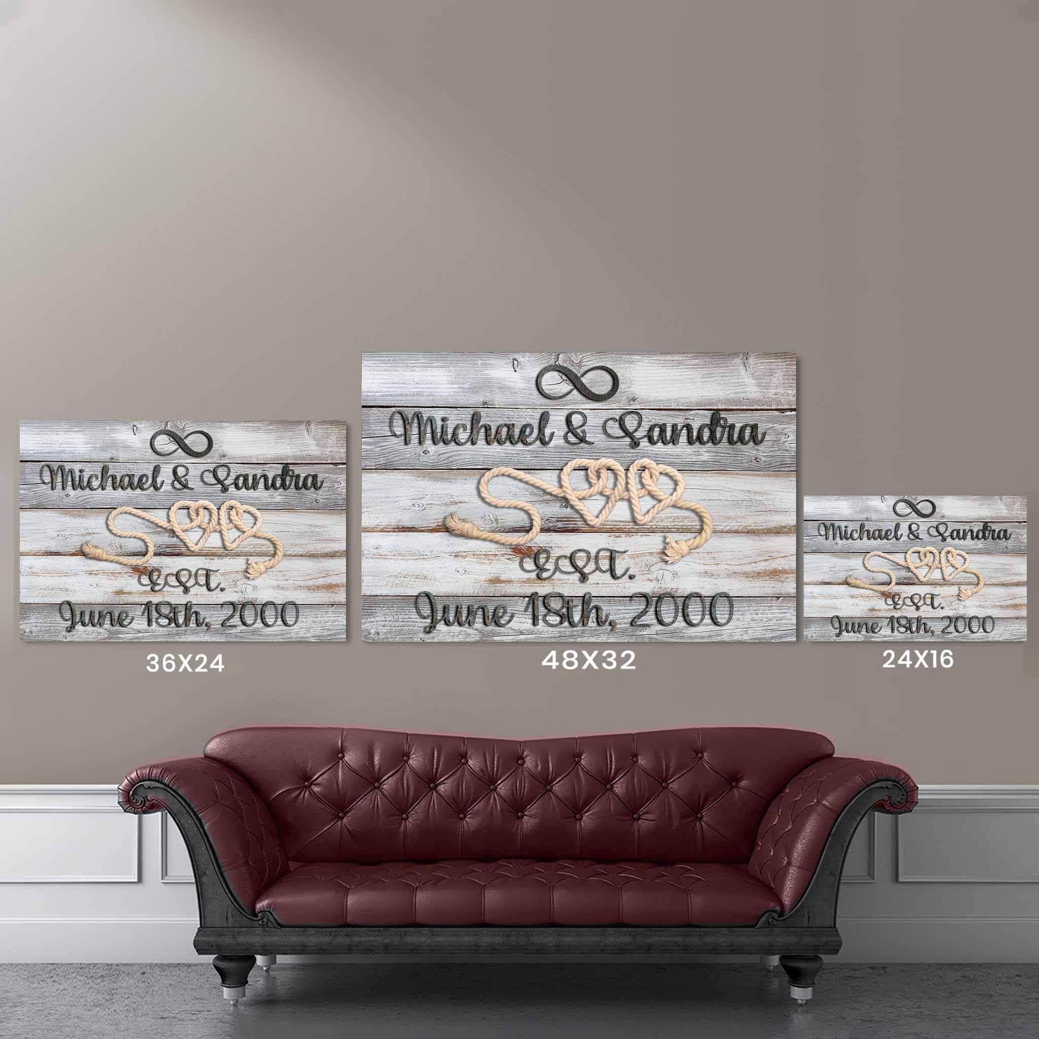 Relationship 2 Rope Hearts Rusted Cast Iron Cut Metal Effect Rustic Grey Wood Personalized CanvasCustomly Gifts