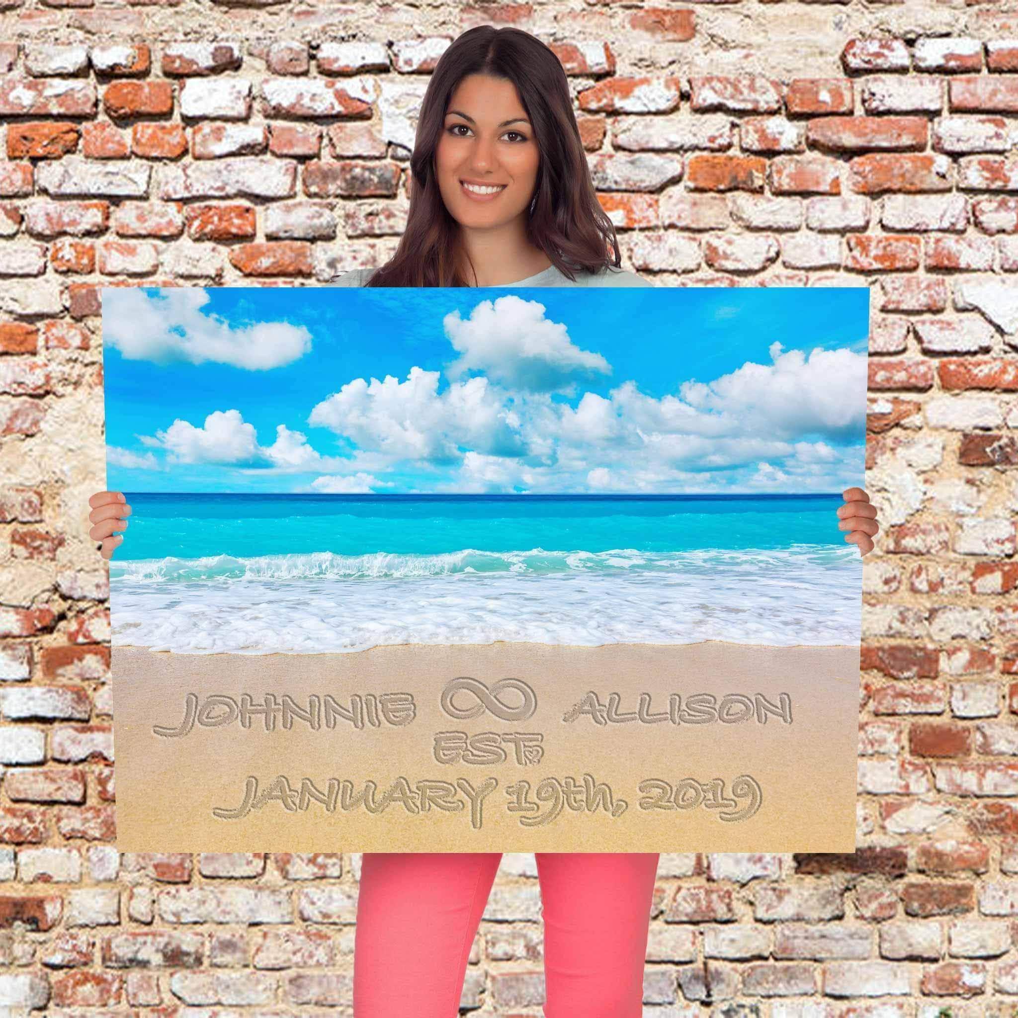 Relationship Infinity Sign Written In The Sand Beach Tropical Sea v1 Personalized CanvasCustomly Gifts
