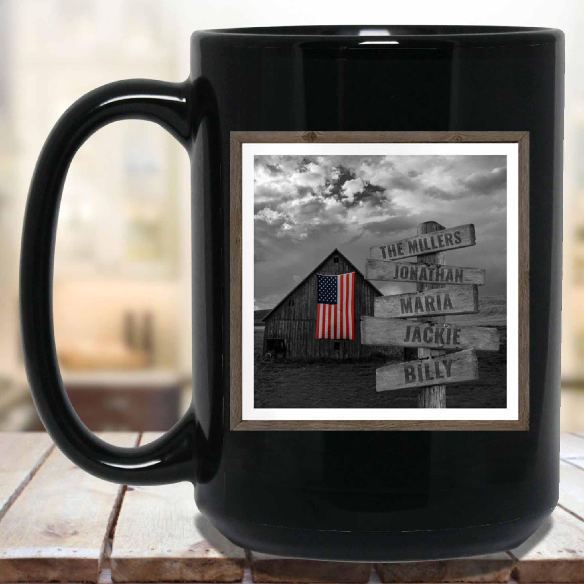 Rustic Barn B&W Color Flag Personalized Multi-Names Directional Sign MugCustomly Gifts
