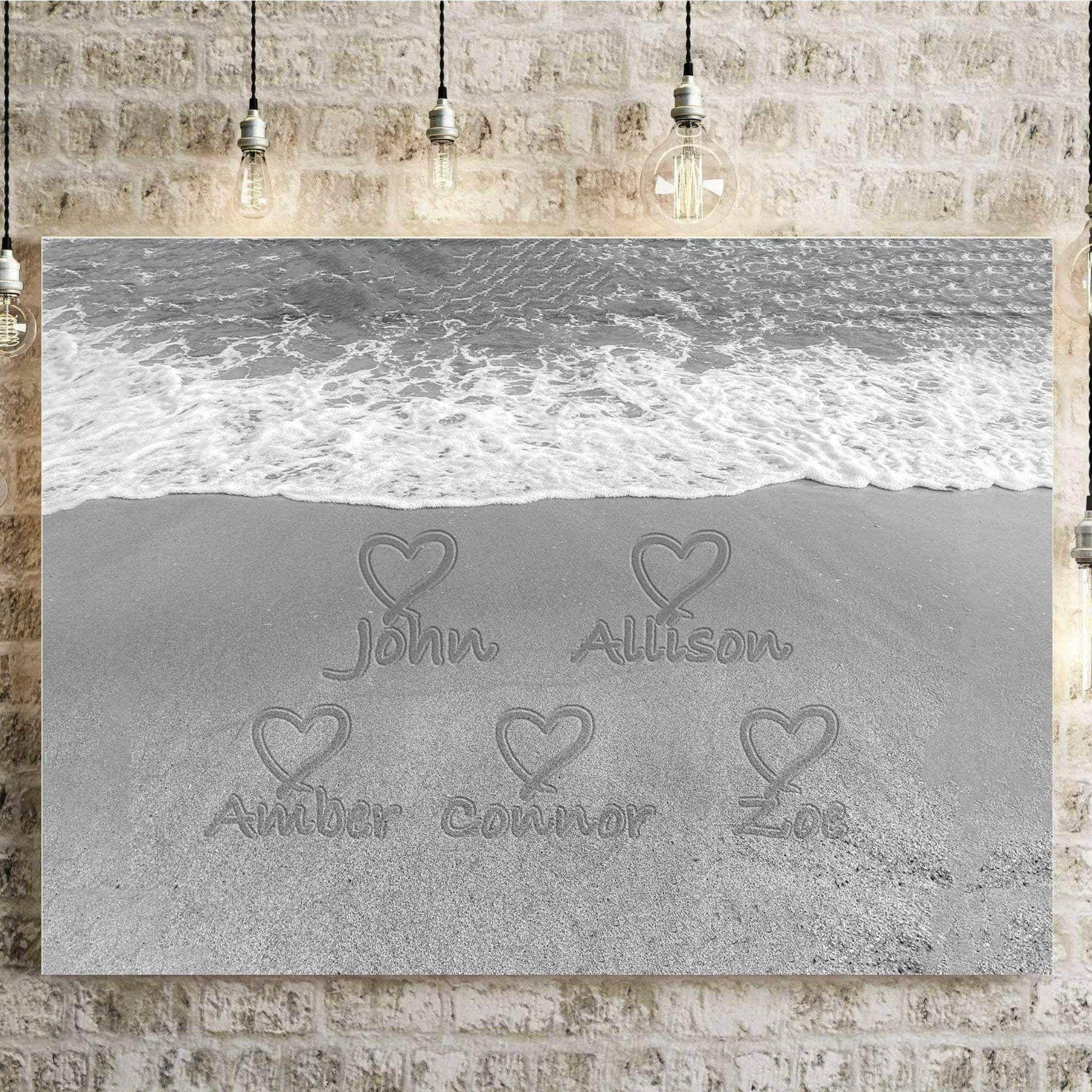 Sandy Beach Written In The Sand Black & White Multiple Names & Hearts Personalized CanvasCustomly Gifts