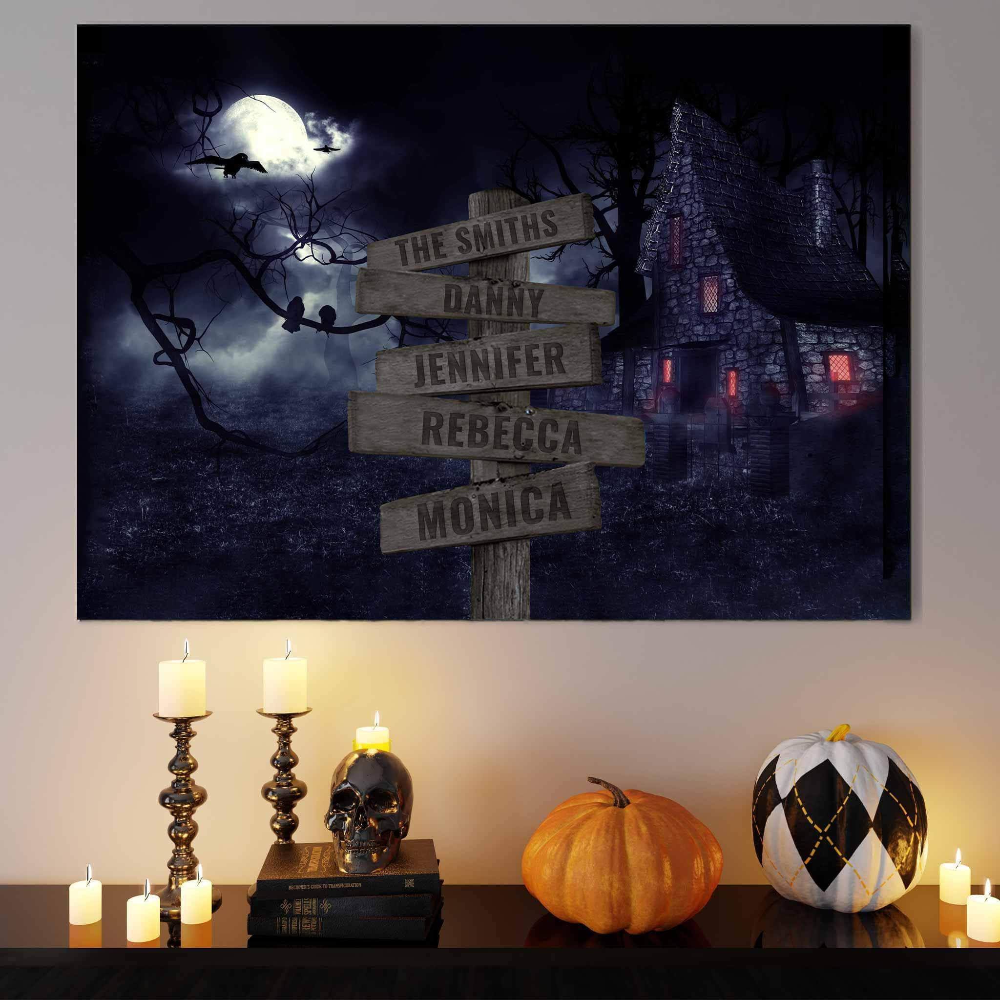 Spooky Haunted House Scene v1 Multiple Names Personalized Directional Sign CanvasCustomly Gifts