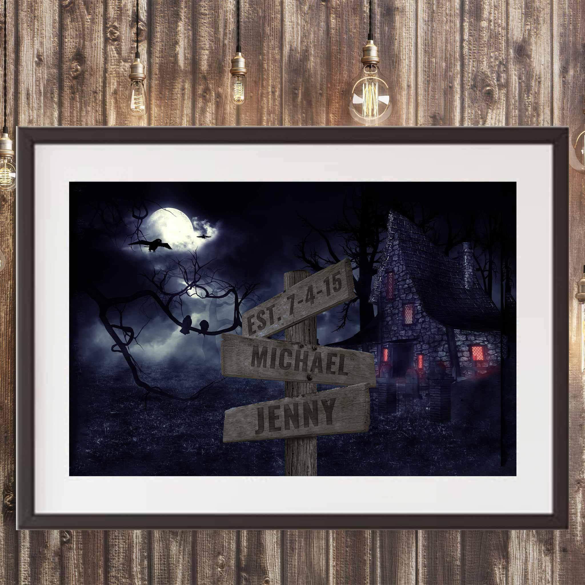 Spooky Haunted House Scene v1 Multiple Names Personalized Directional Sign PosterCustomly Gifts