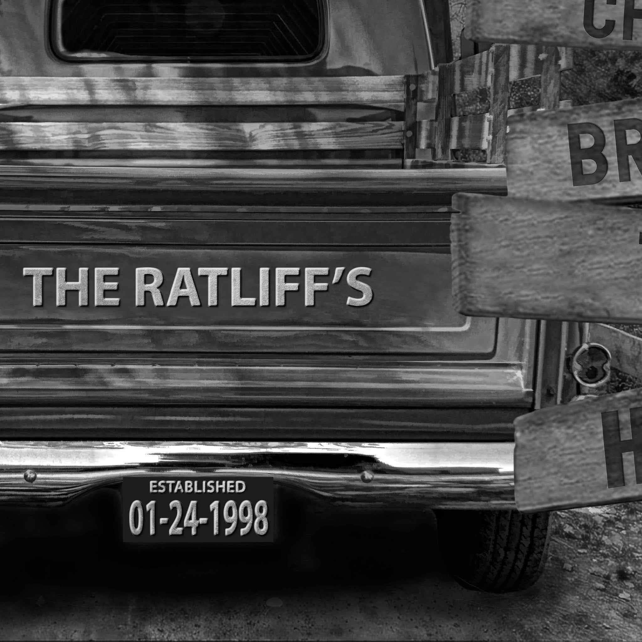 Vintage Truck B&W On Covered Bridge Personalized Tailgate, License Plate & Directional Sign CanvasCustomly Gifts