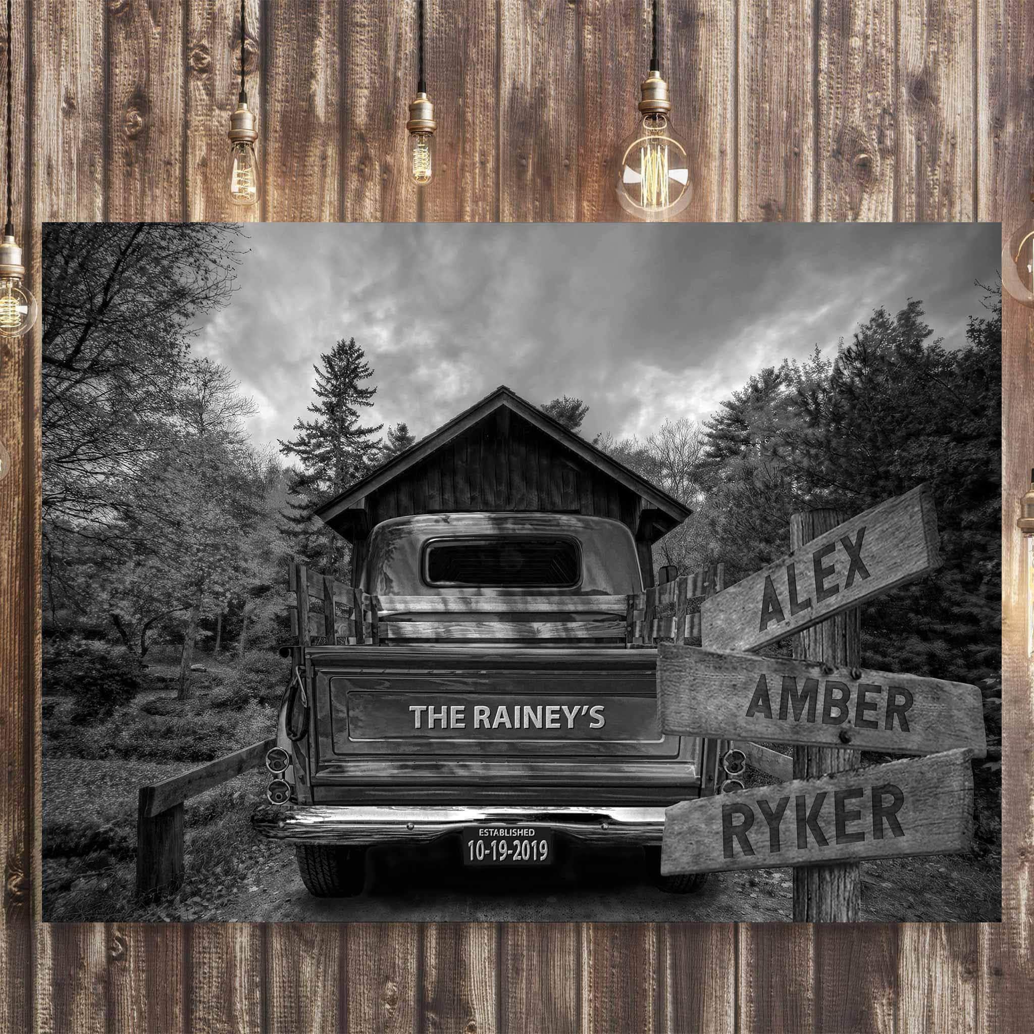 Vintage Truck B&W On Covered Bridge Personalized Tailgate, License Plate & Directional Sign CanvasCustomly Gifts