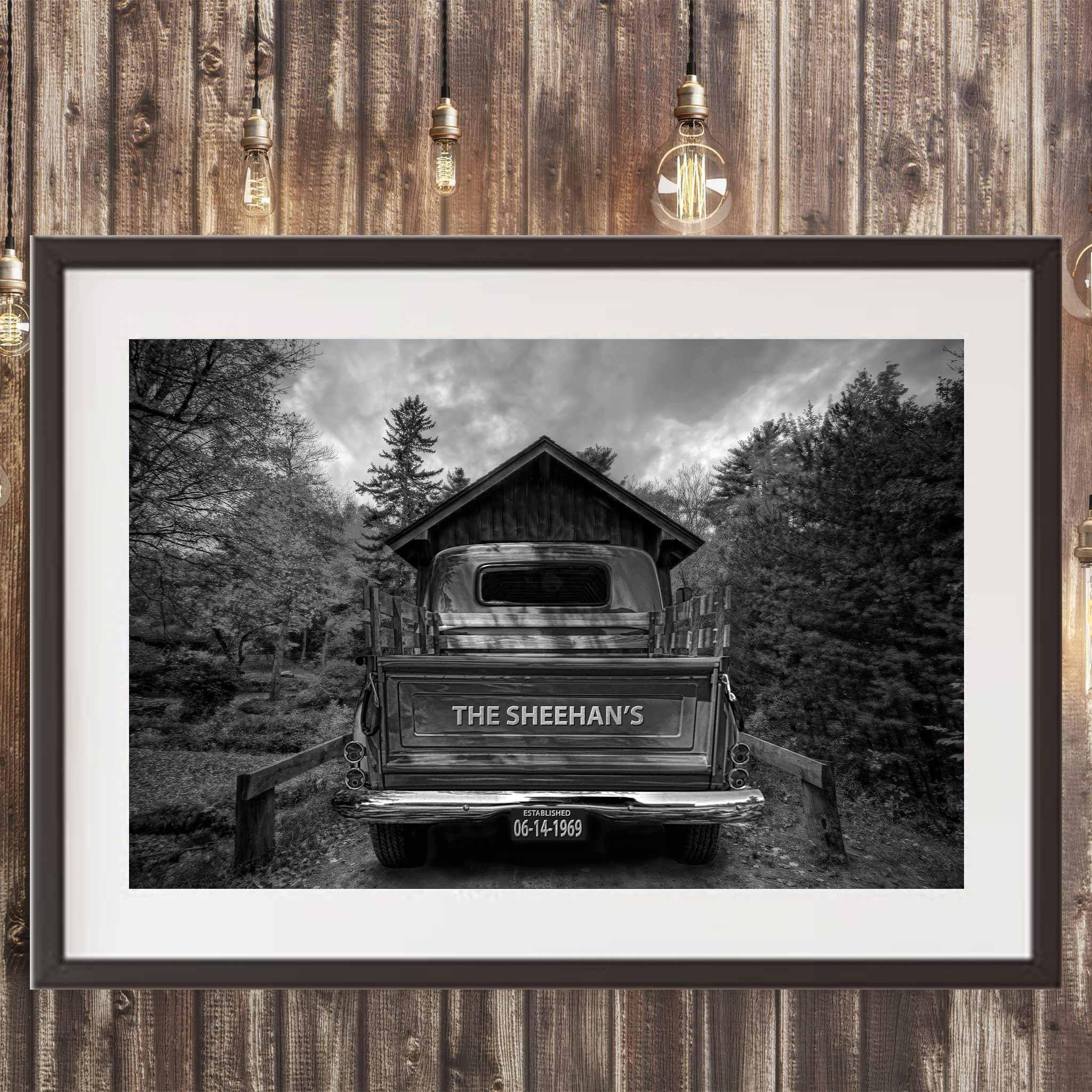 Vintage Truck B&W On Covered Bridge Personalized Tailgate & License Plate PosterCustomly Gifts