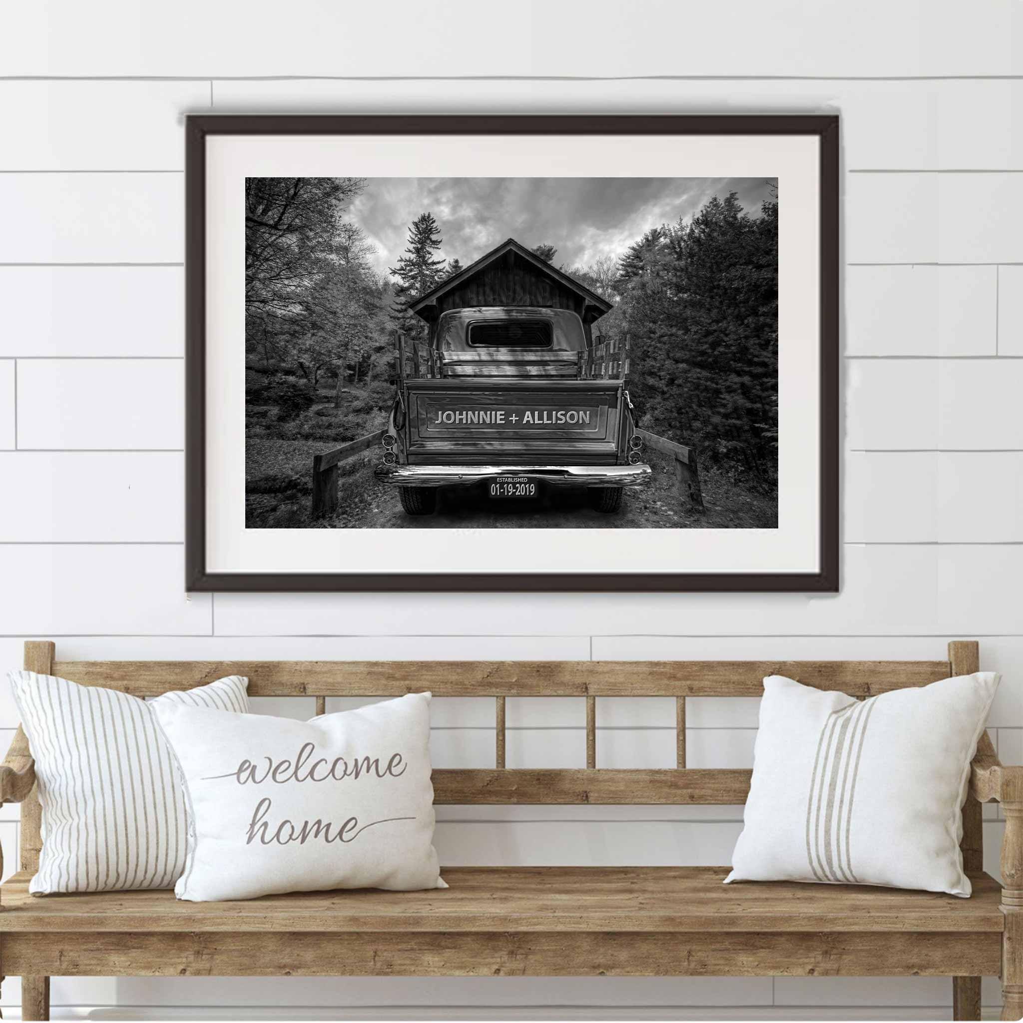 Vintage Truck B&W On Covered Bridge Personalized Tailgate & License Plate PosterCustomly Gifts