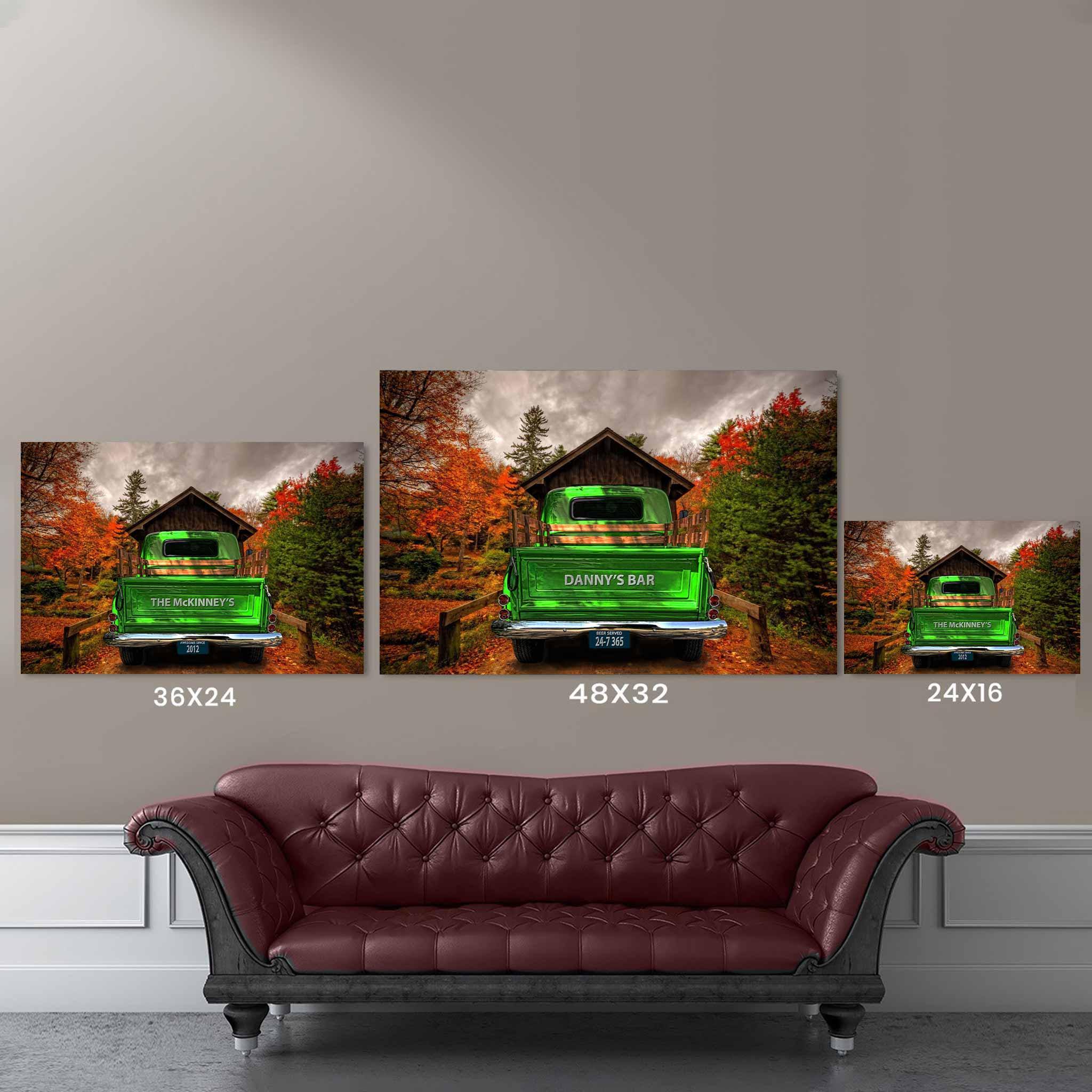 Vintage Truck (Green) On Covered Bridge Personalized Tailgate & License Plate CanvasCustomly Gifts
