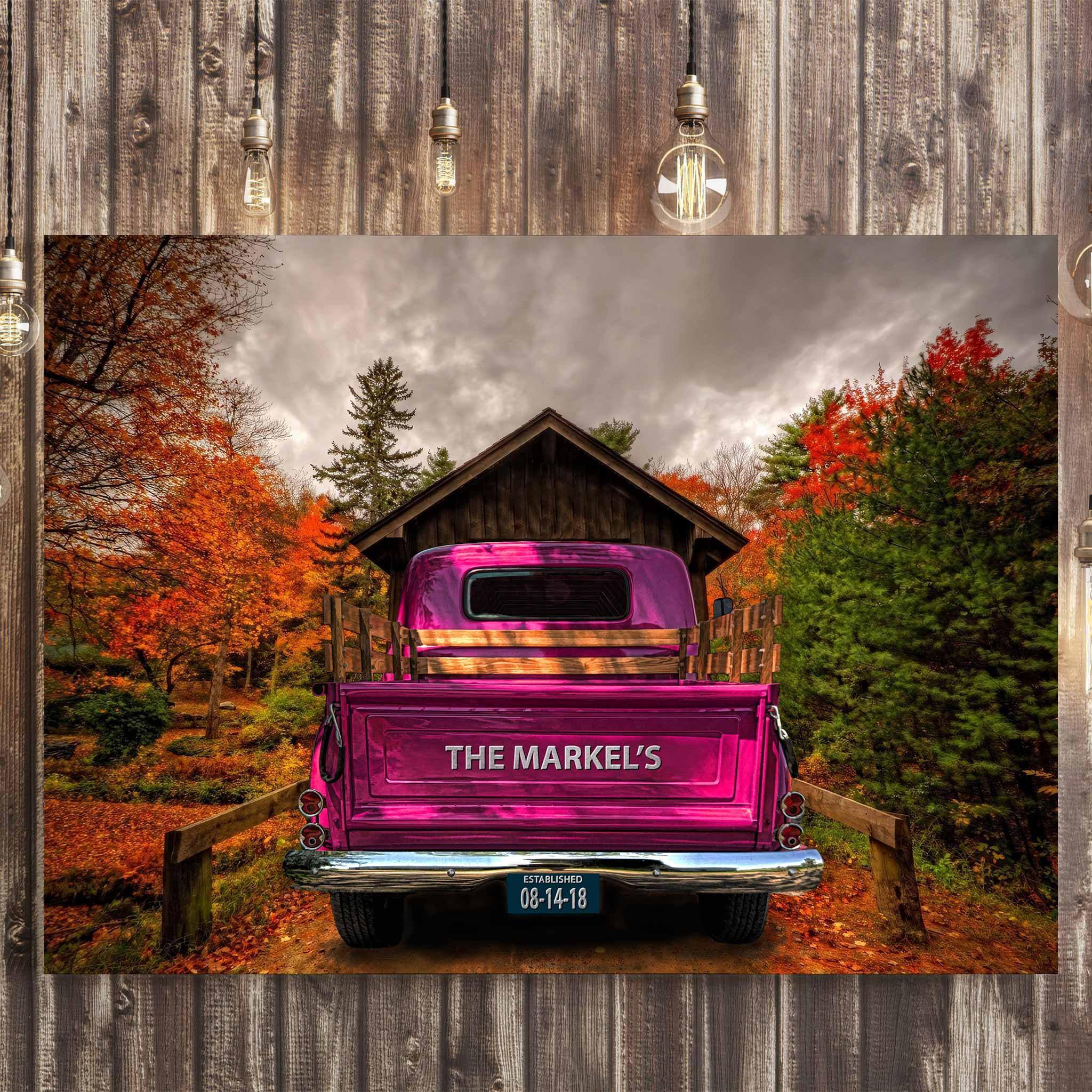 Vintage Truck (Hot Pink) On Covered Bridge Personalized Tailgate & License Plate CanvasCustomly Gifts