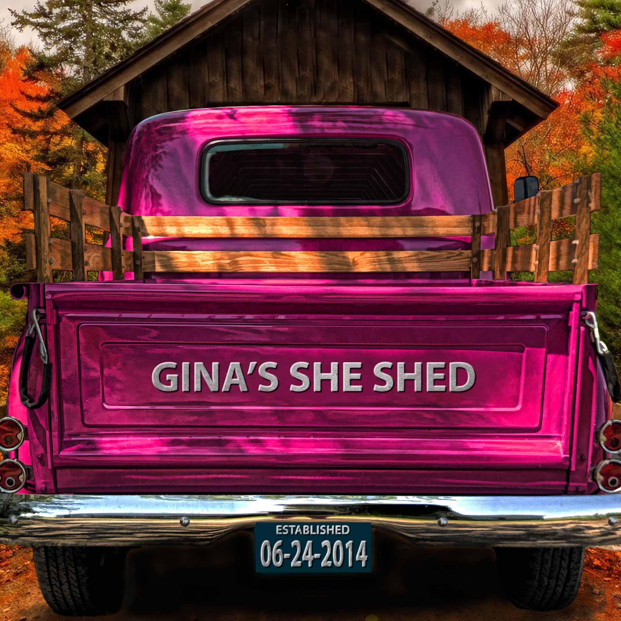 Vintage Truck (Hot Pink) On Covered Bridge Personalized Tailgate & License Plate CanvasCustomly Gifts