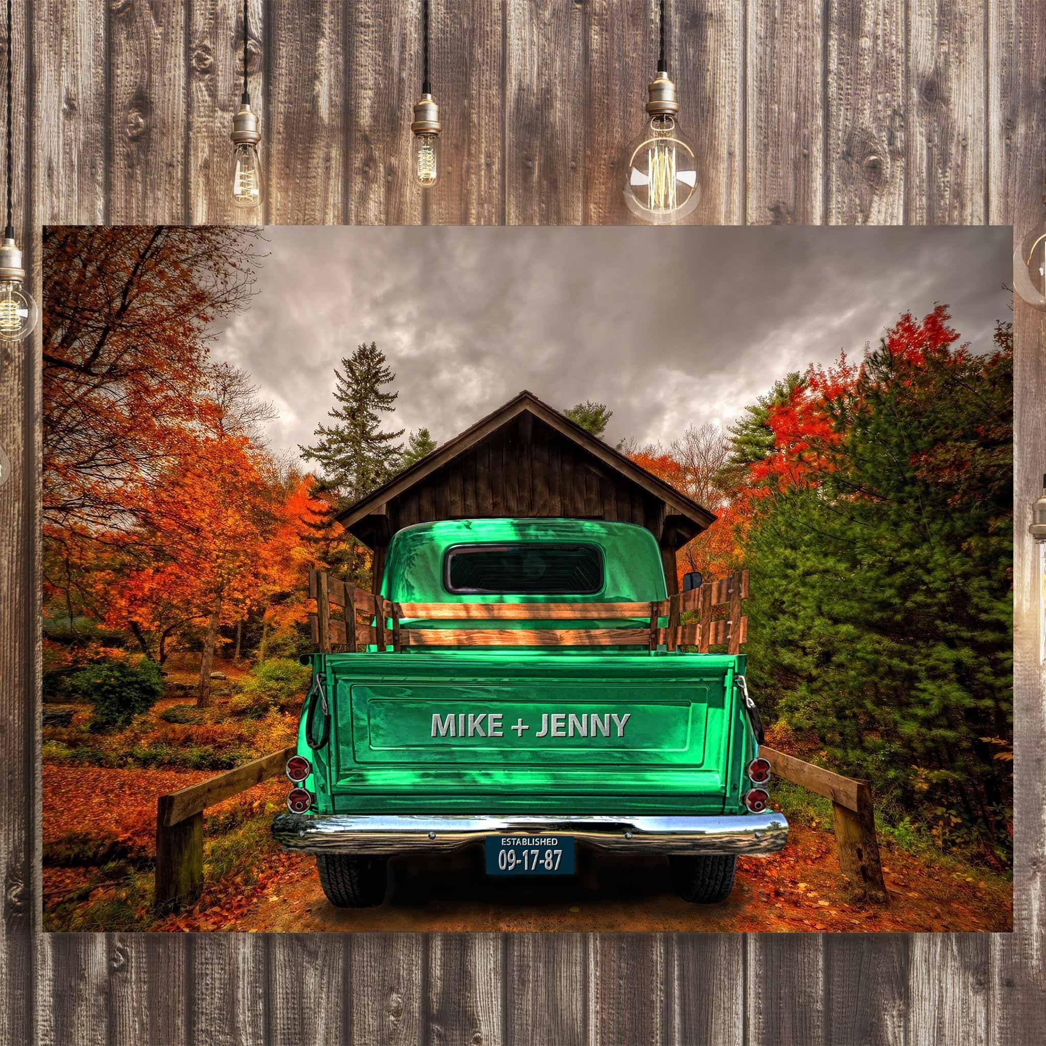 Vintage Truck (Mint Green) On Covered Bridge Personalized Tailgate & License Plate CanvasCustomly Gifts