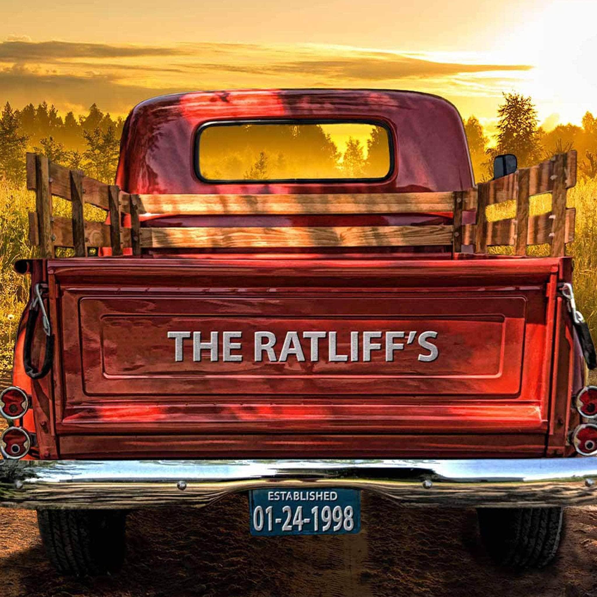 Vintage Truck On A Dirt Road And Sunset Personalized Tailgate & License Plate CanvasCustomly Gifts
