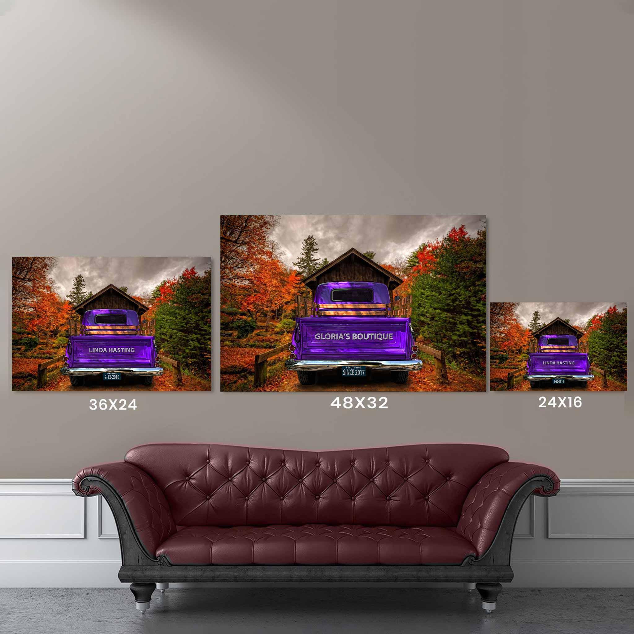Vintage Truck (Purple) On Covered Bridge Personalized Tailgate & License Plate CanvasCustomly Gifts
