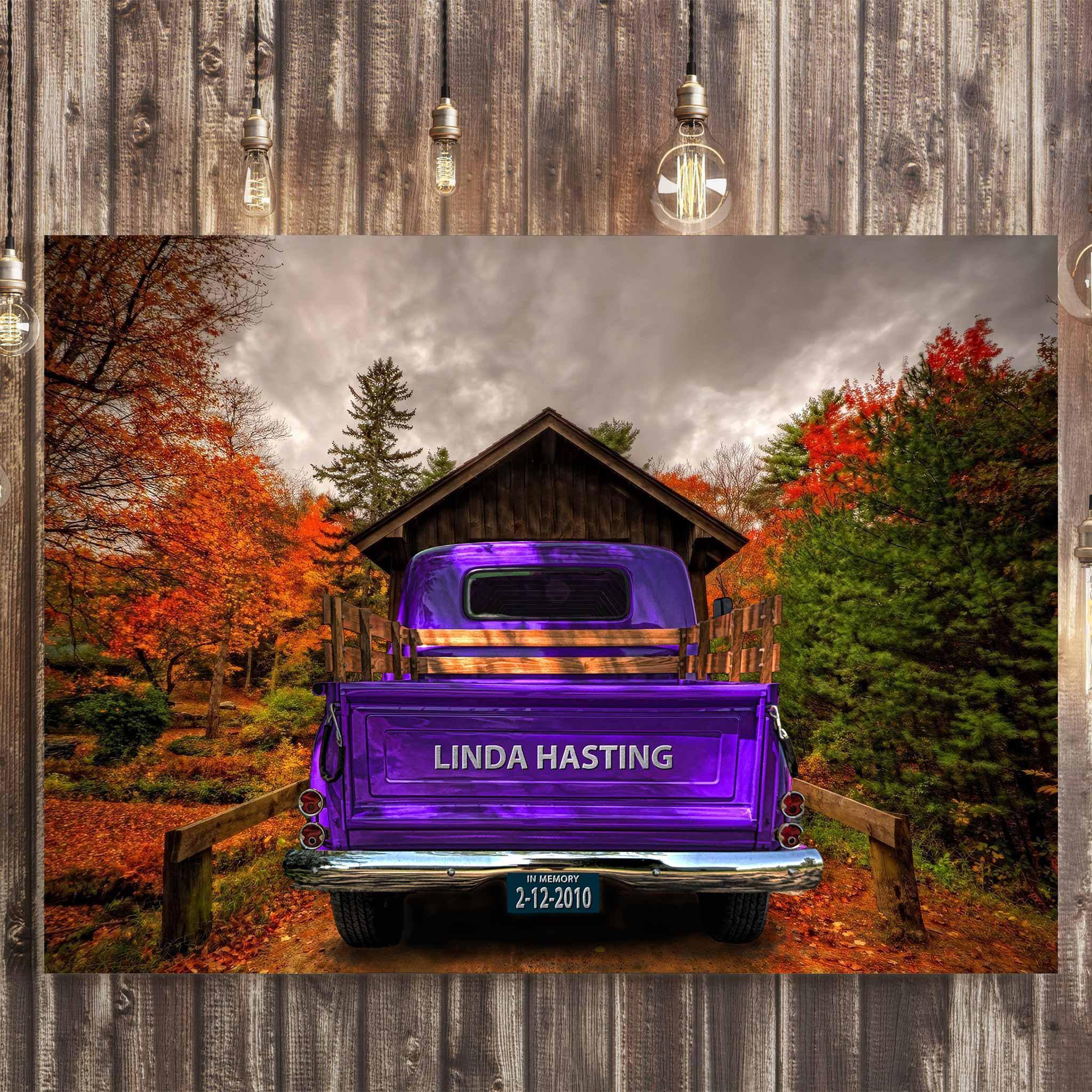 Vintage Truck (Purple) On Covered Bridge Personalized Tailgate & License Plate CanvasCustomly Gifts