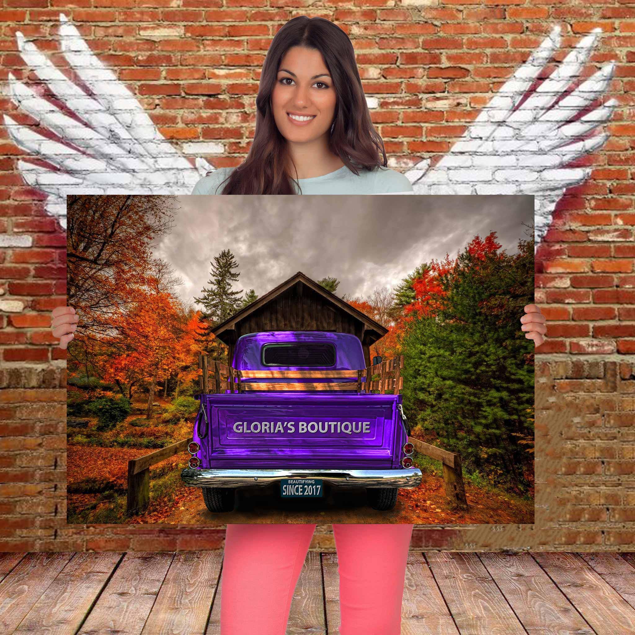 Vintage Truck (Purple) On Covered Bridge Personalized Tailgate & License Plate CanvasCustomly Gifts