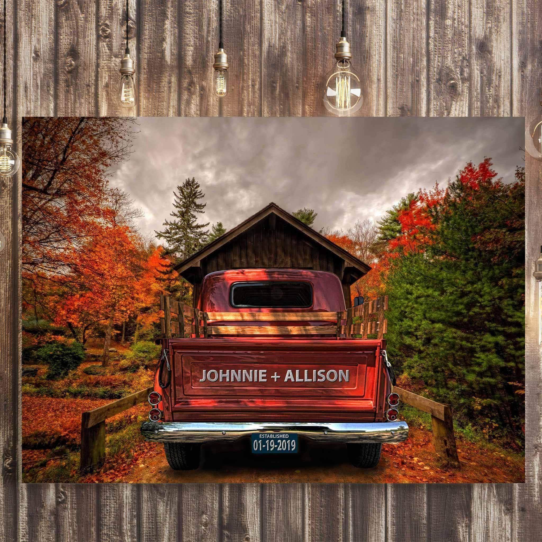 Vintage Truck (Rust Orange) Covered Bridge Personalized Tailgate & License Plate CanvasCustomly Gifts