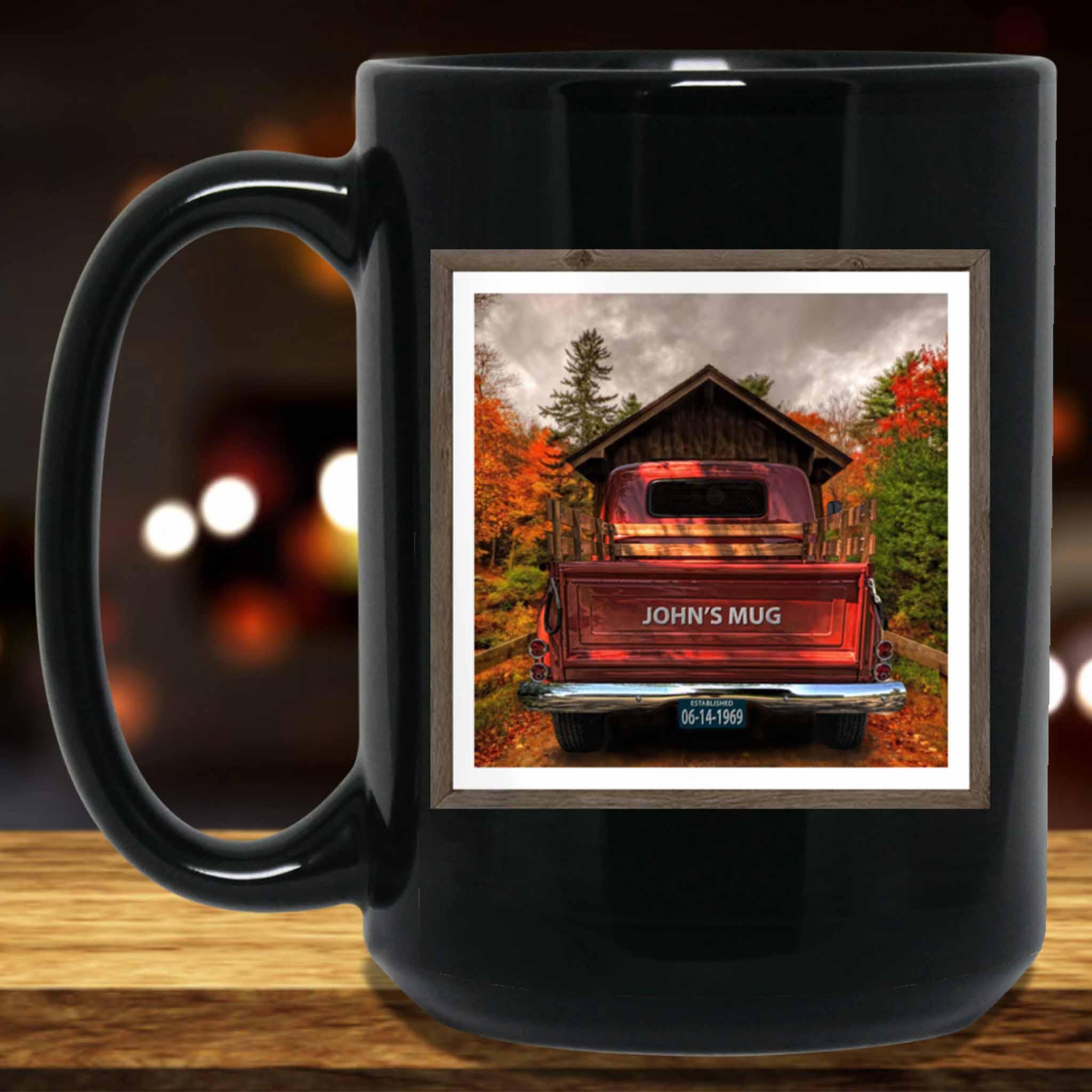 Vintage Truck (Rust Orange) Covered Bridge Personalized Tailgate & License Plate MugCustomly Gifts