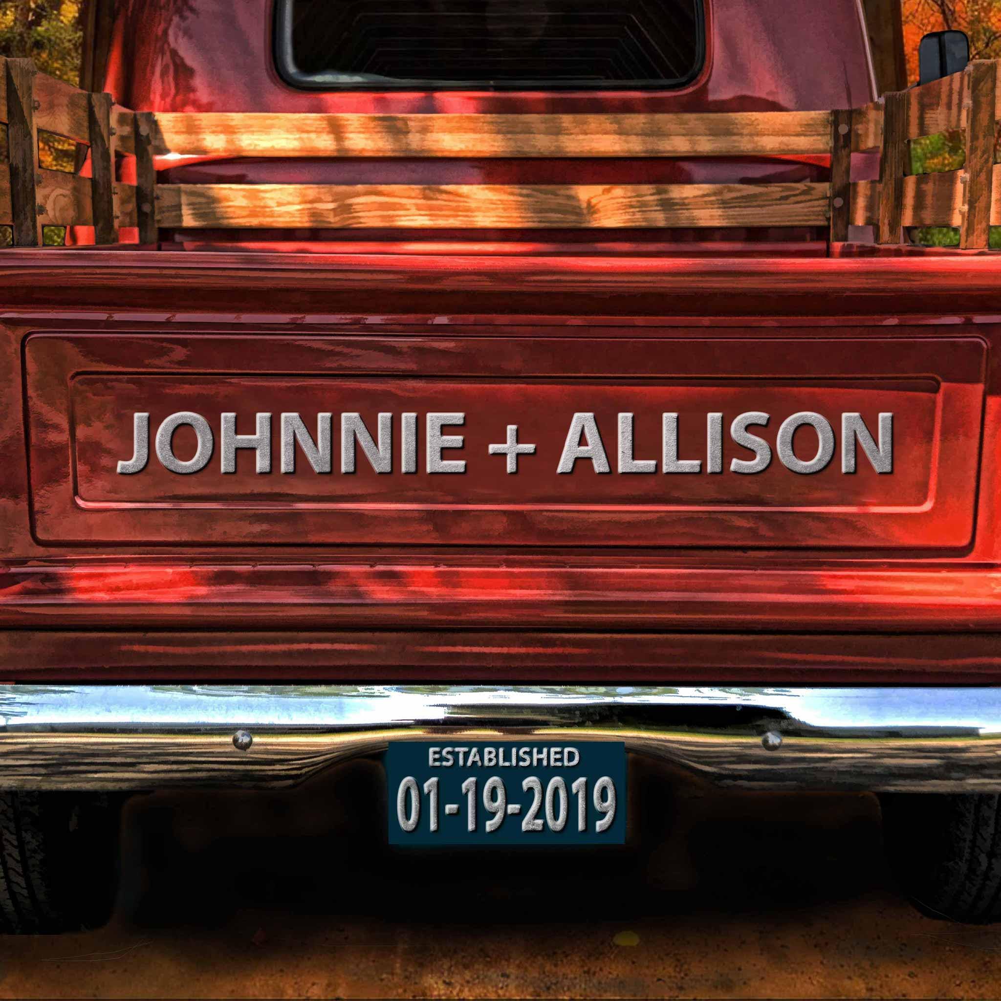 Vintage Truck (Rust-Orange) On Covered Bridge Personalized Tailgate & License Plate PosterCustomly Gifts