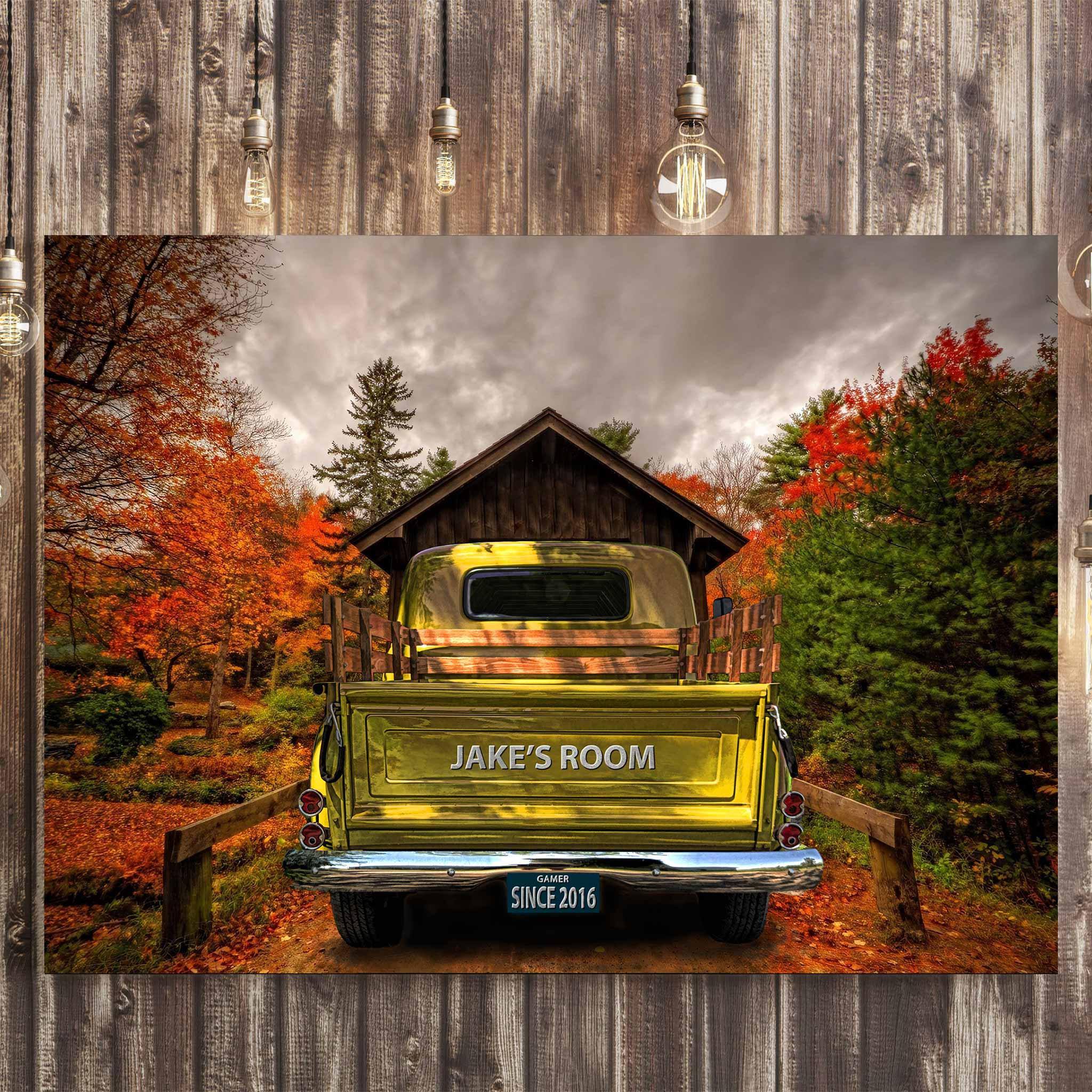 Vintage Truck (Yellow) On Covered Bridge Personalized Tailgate & License Plate CanvasCustomly Gifts