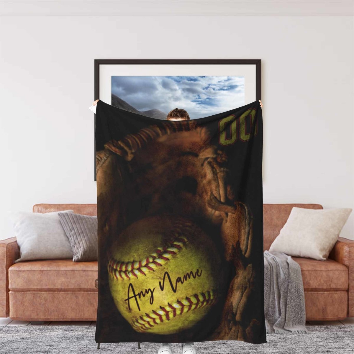 Yellow Softball in Glove Personalized Name and Number BlanketCustomly Gifts