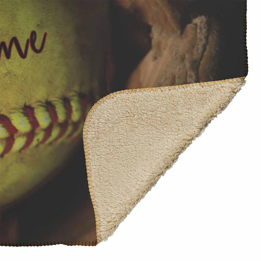 Yellow Softball in Glove Personalized Name and Number BlanketCustomly Gifts