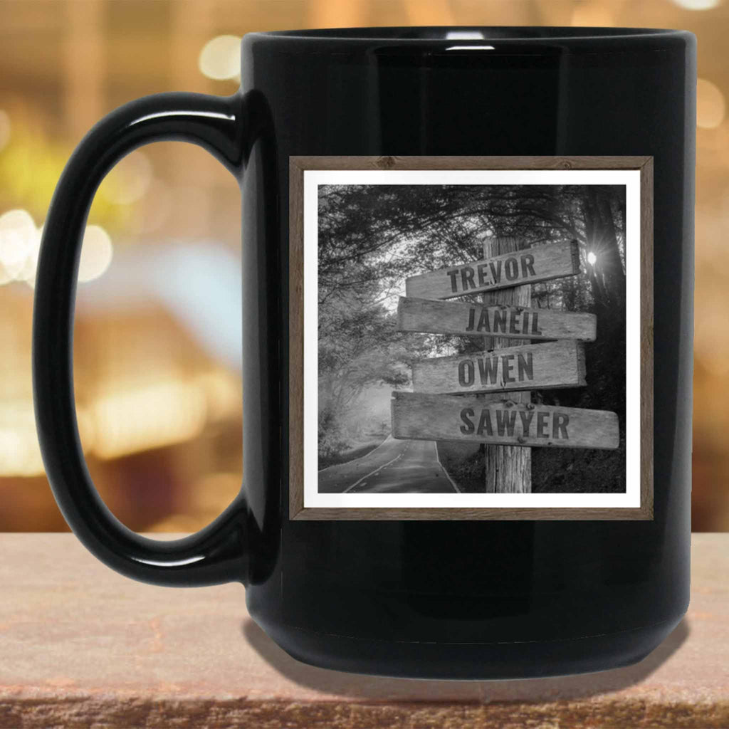 Autumn Road B&W Personalized Multi-Names Directional Sign MugCustomly Gifts