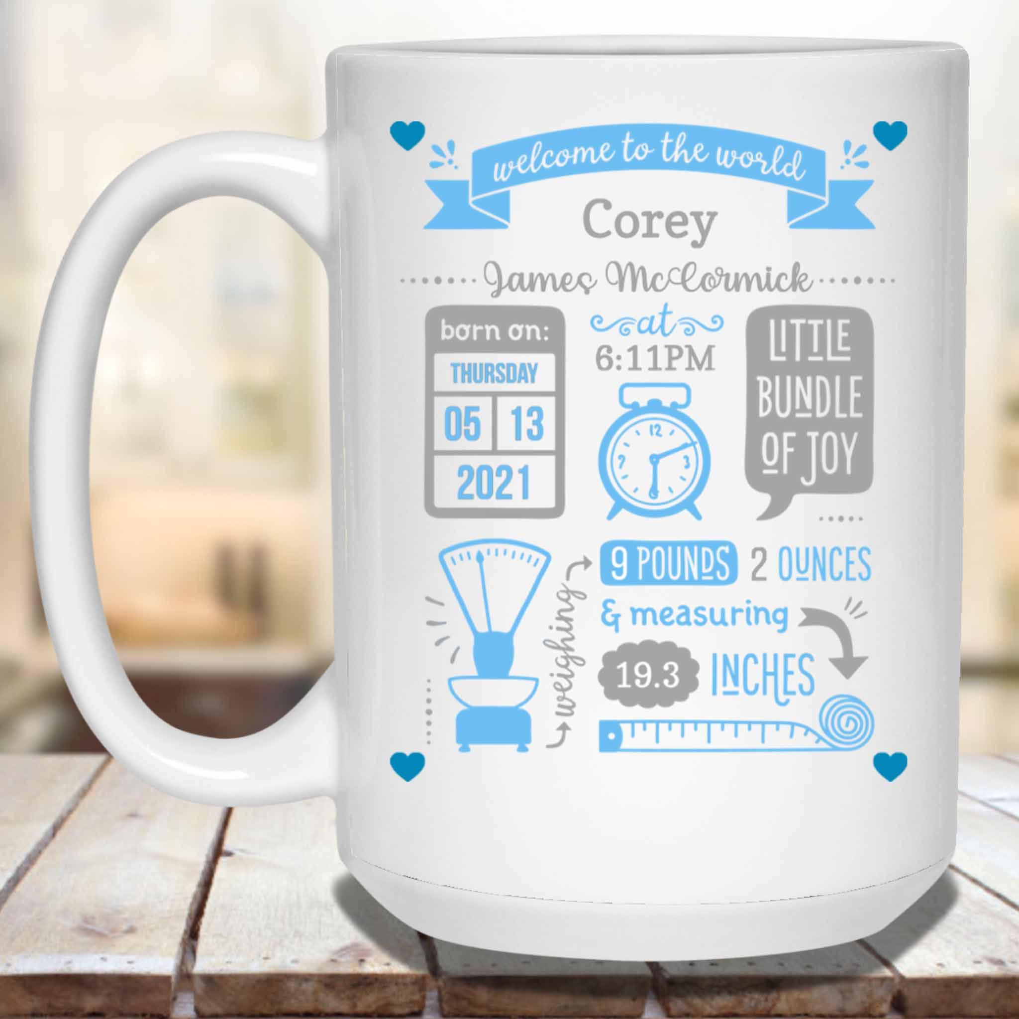 Baby Birth Stats Announcement Blue-Grey Clock Scale Tape Measure Personalized Coffee MugCustomly Gifts
