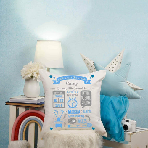 Baby Birth Stats Announcement Blue-Grey Clock Scale Tape Measure Personalized PillowCustomly Gifts