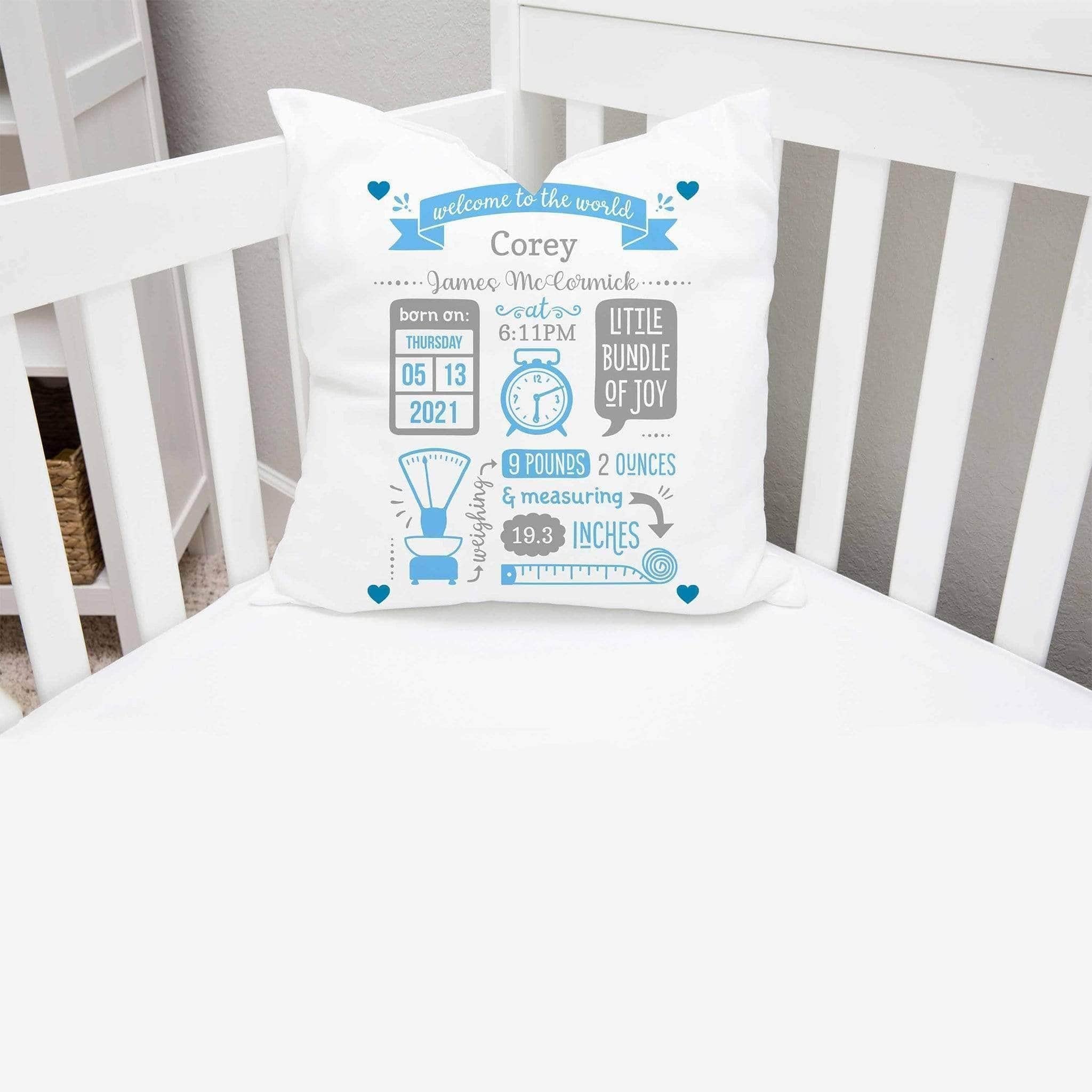 Baby Birth Stats Announcement Blue-Grey Clock Scale Tape Measure Personalized PillowCustomly Gifts