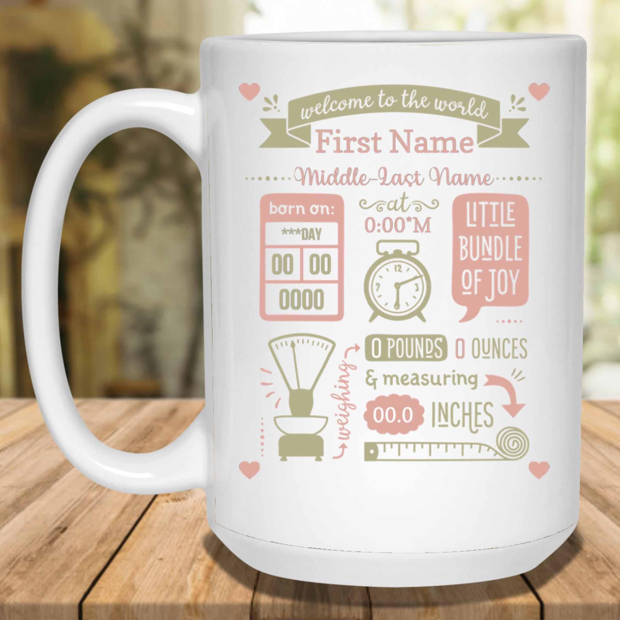 Baby Birth Stats Announcement Peach-Olive Clock Scale Tape Measure Personalized Coffee MugCustomly Gifts