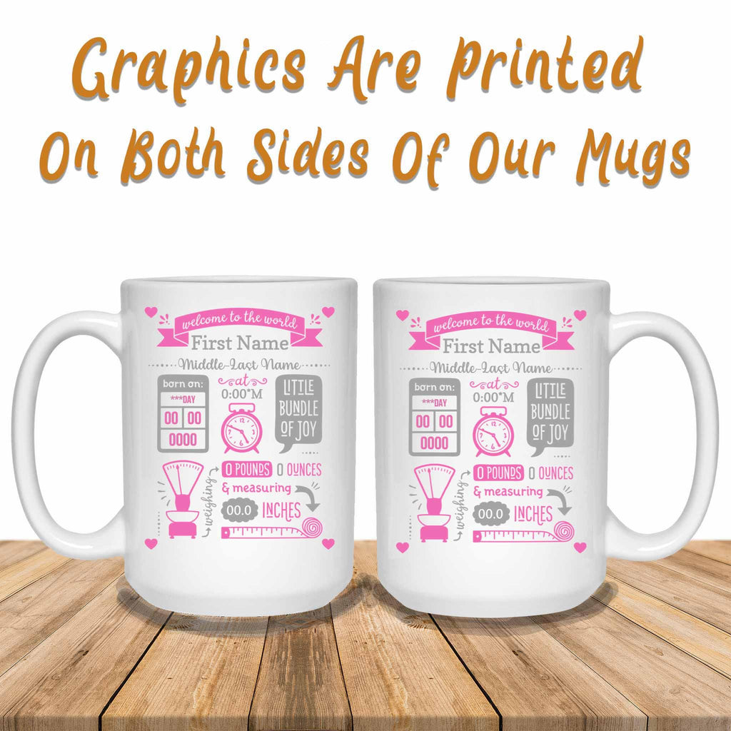 Baby Birth Stats Announcement Pink-Grey Clock Scale Tape Measure Personalized Coffee MugCustomly Gifts