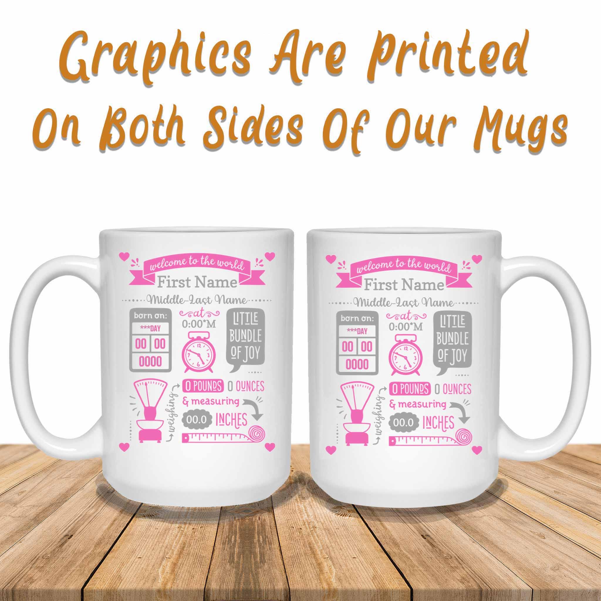 Baby Birth Stats Announcement Pink-Grey Clock Scale Tape Measure Personalized Coffee MugCustomly Gifts
