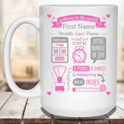 Baby Birth Stats Announcement Pink-Grey Clock Scale Tape Measure Personalized Coffee MugCustomly Gifts