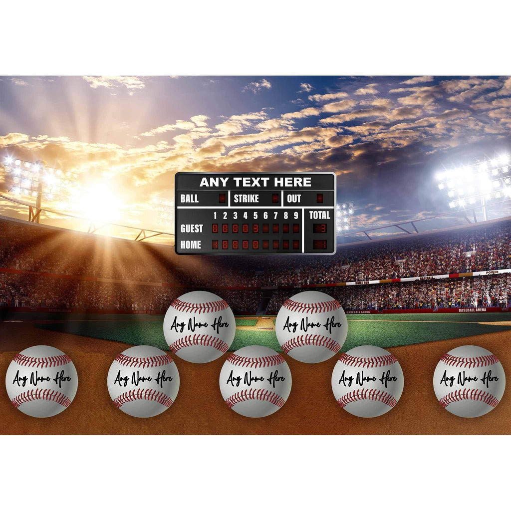Baseball Stadium V1 Multiple Names Personalized Baseballs And Scoreboard Sign Poster PrintCustomly Gifts