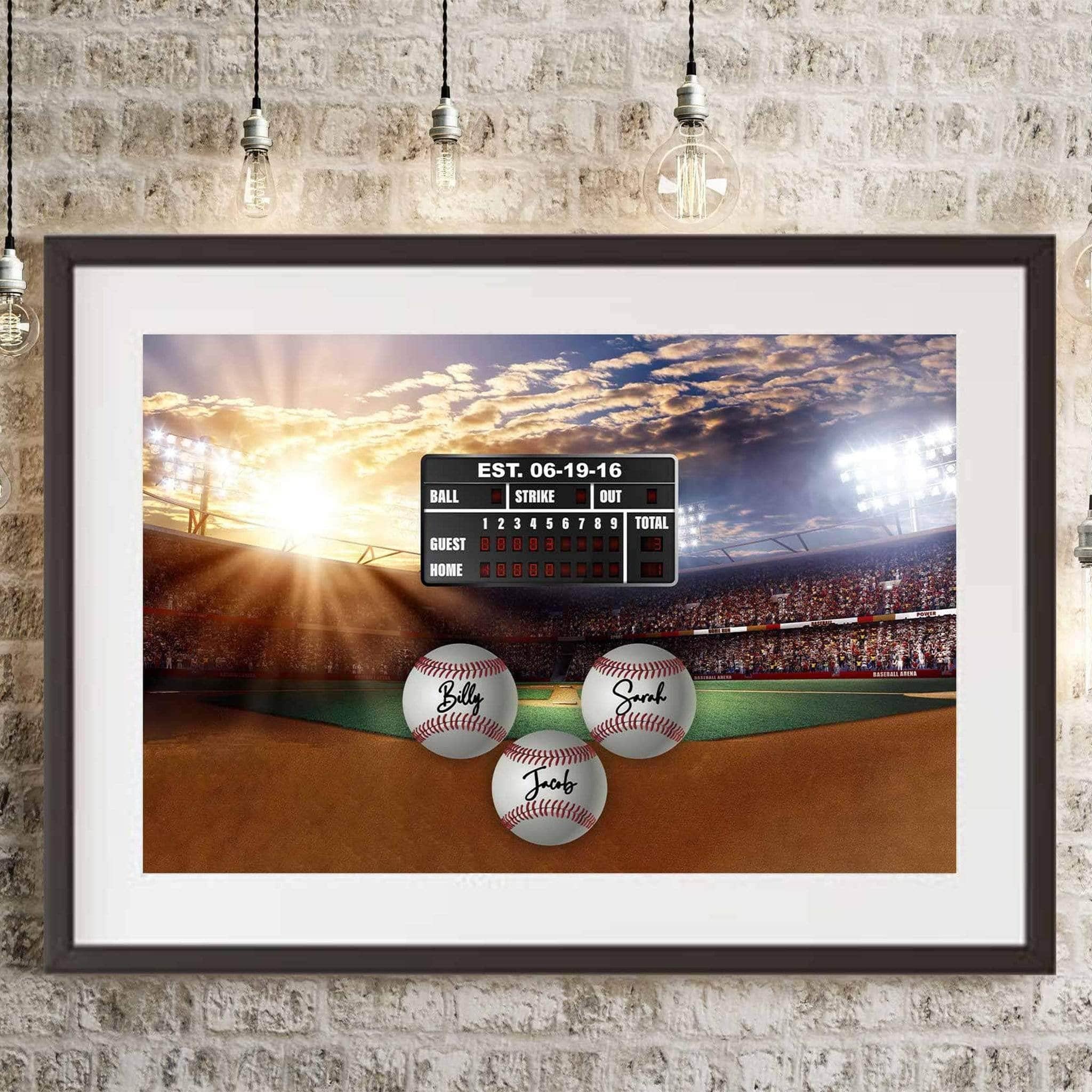 Baseball Stadium V1 Multiple Names Personalized Baseballs And Scoreboard Sign Poster PrintCustomly Gifts